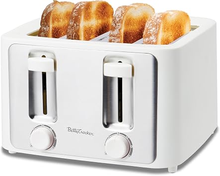 Betty Crocker 4-Slice Toaster, 1500W, Variable Toast Shade Control Dials, High Lift Feature, Cool Touch Housing, Bread Centering Guides, Drop Down Crumb Tray, BC-5635W, White