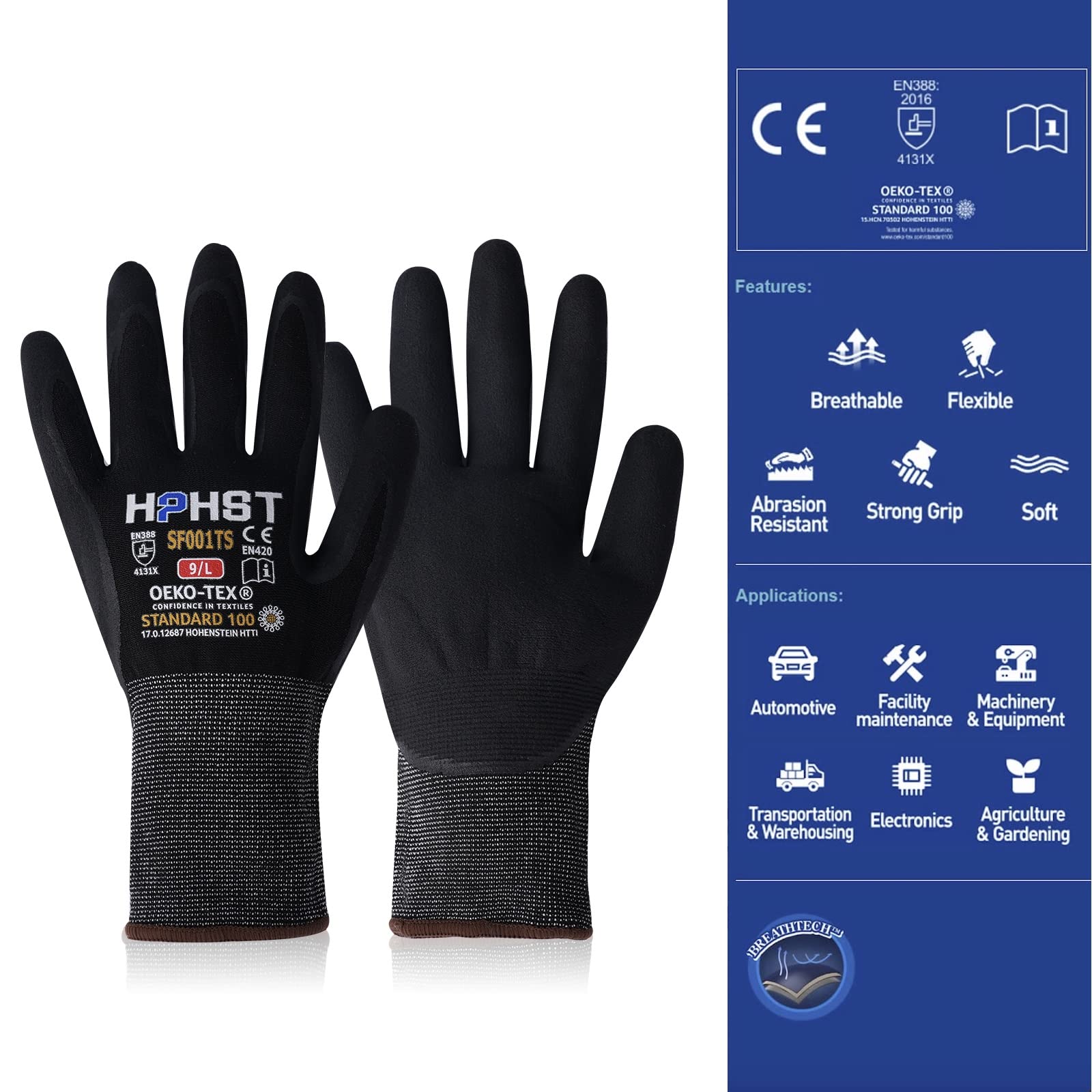HPHST Nitrile Work Gloves SF001TS,Micro Foam Technology & Spandex Liner Nitrile Coated,CE Approved 15 Gauge Ergonomic Design,Smart Touch,Thin Machine Washable (Large - Image 2