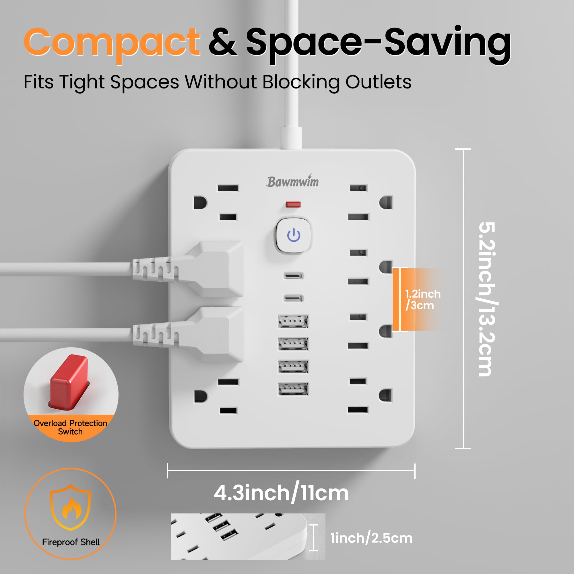 Steckdosenleiste mit Überspannungsschutz - 8 Ausgänge (1250W/10A) 4 USB A (2 USB C, 3.0 m Flachstecker Verlängerungskabel, Multi-Stecker-Extender für
