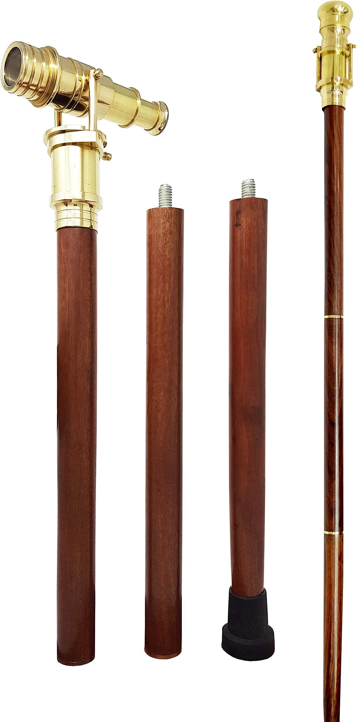 Telescope Walking Stick Costume Wooden Cane Foldable Rosewood Stick Steampunk Style (Polished Brass)