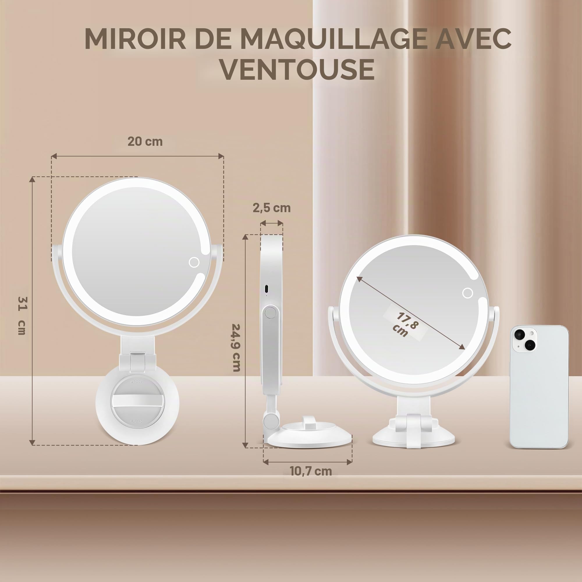 MOMOKUBA Miroir grossissant avec ventouse, double face avec éclairage, 3 modes, 30 compartiments