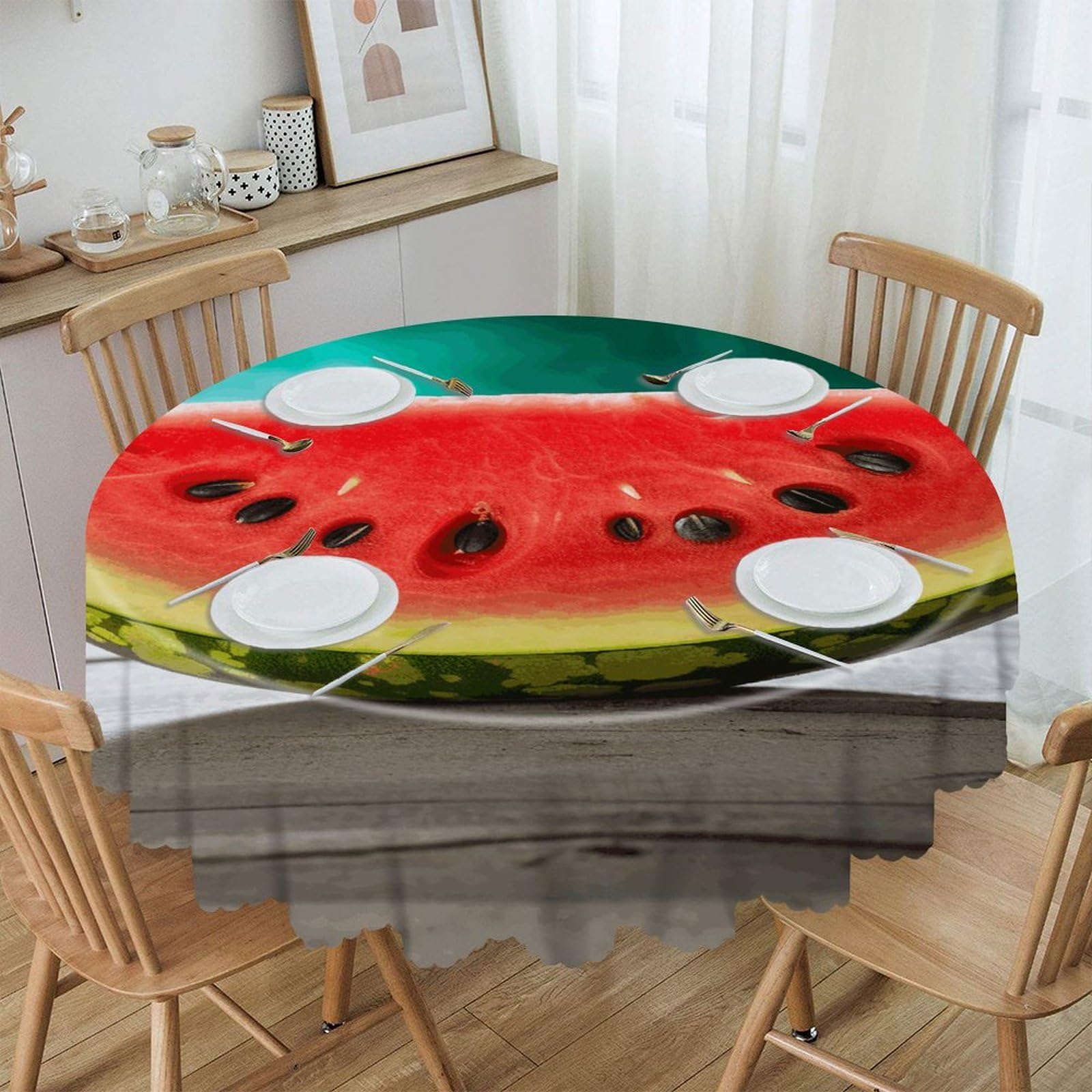 FekiLoot Watermelon with Smiley Round Tablecloth Waterproof Spill-Proof Wipeable Table Cloth Wrinkle Free Circle Dining Table Cover for Dining Kitchen Wedding Parties Machine Washable