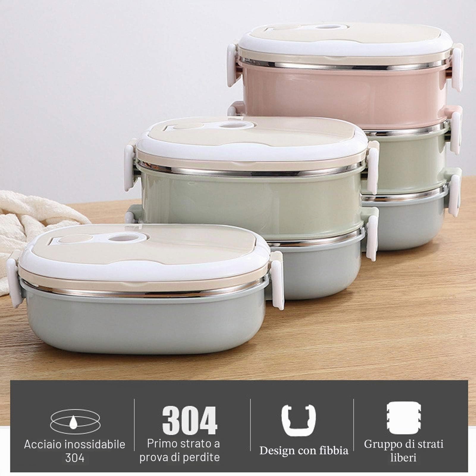Wakects Lunch Box in Acciaio Inox, 2 Strati 1800 mL Box Ermetico, Contenitore Porta Pranzo Portatile con Maniglia per Ufficio, Pranzi a Lavoro, Scuola 18 x 15 x 14 cm