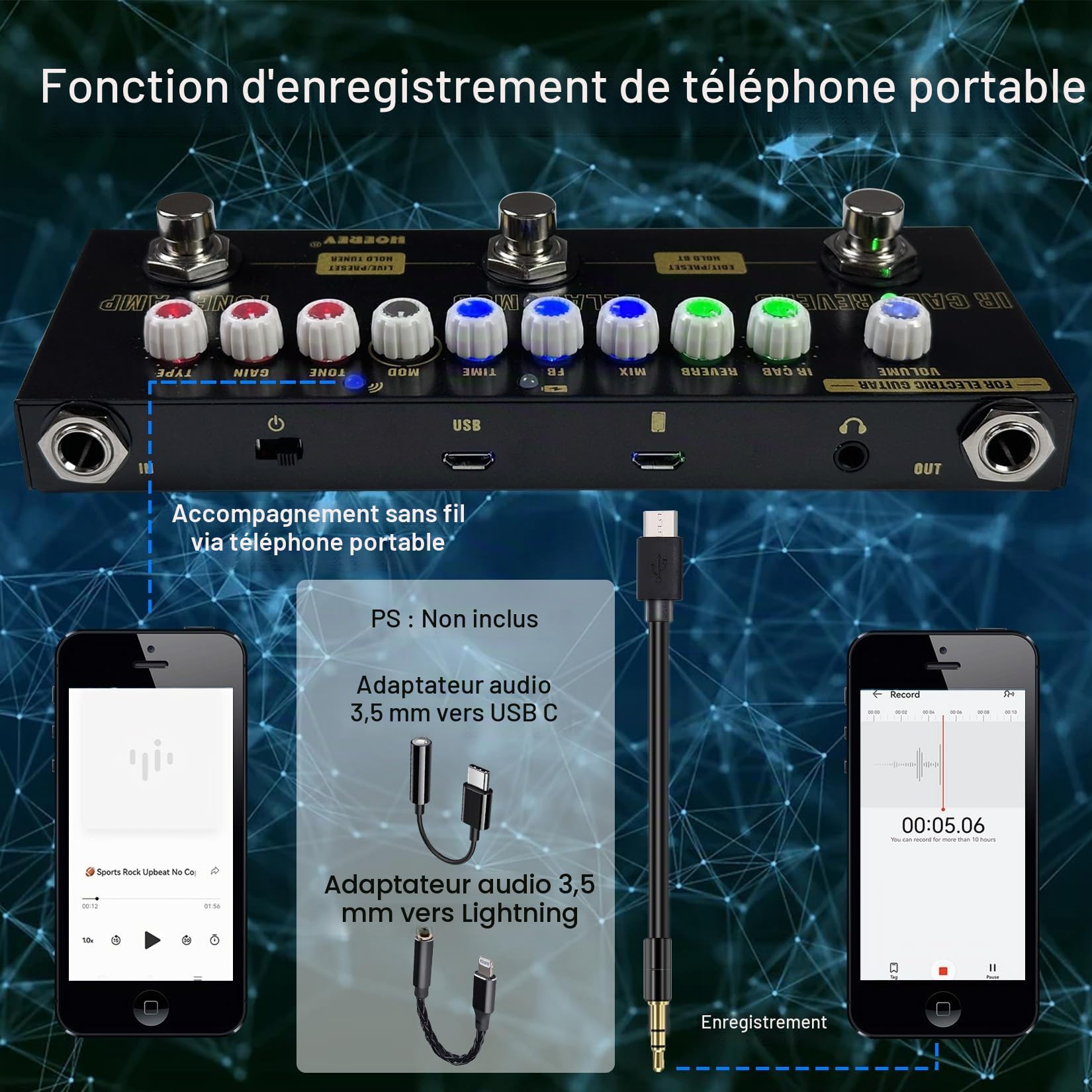 HOEREV Pédale multi-effets pour guitare électrique avec batterie intégrée