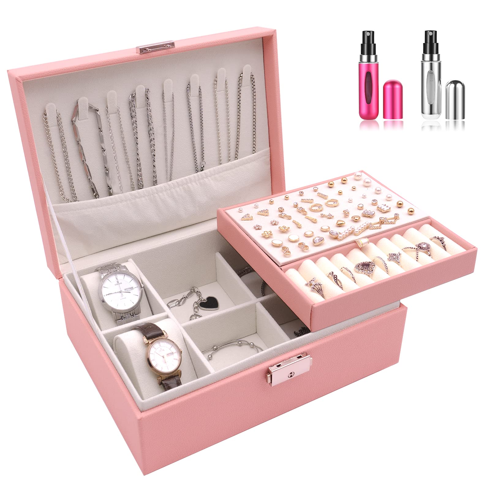 CXEizZ Jewelry Organizer Box for Women Girls Men with Lock?Necklace Watch Ring Earring Boxes?PU Leather 2 Layer Large Jewelry Case for Traveling Gift?Pink+2pcs Random Color Perfume Atomizer?