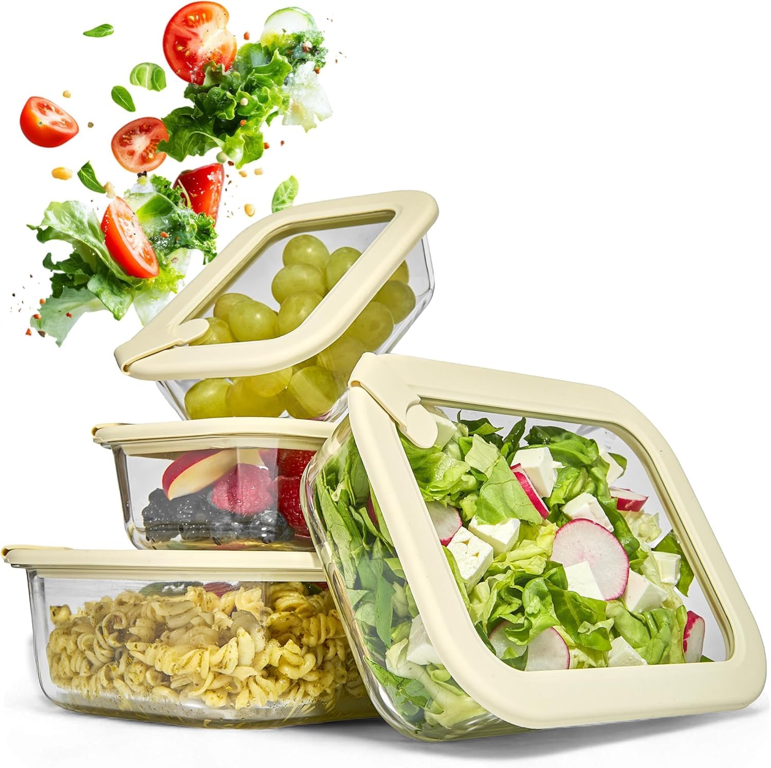 Dalena Home Borosilicate Glass Food Storage Containers Set of 1x370ml, 1x640ml, 1x1020ml, 1x1520ml – Kitchen Storage & Organization, Fridge Storage, Kitchen Storage Box
