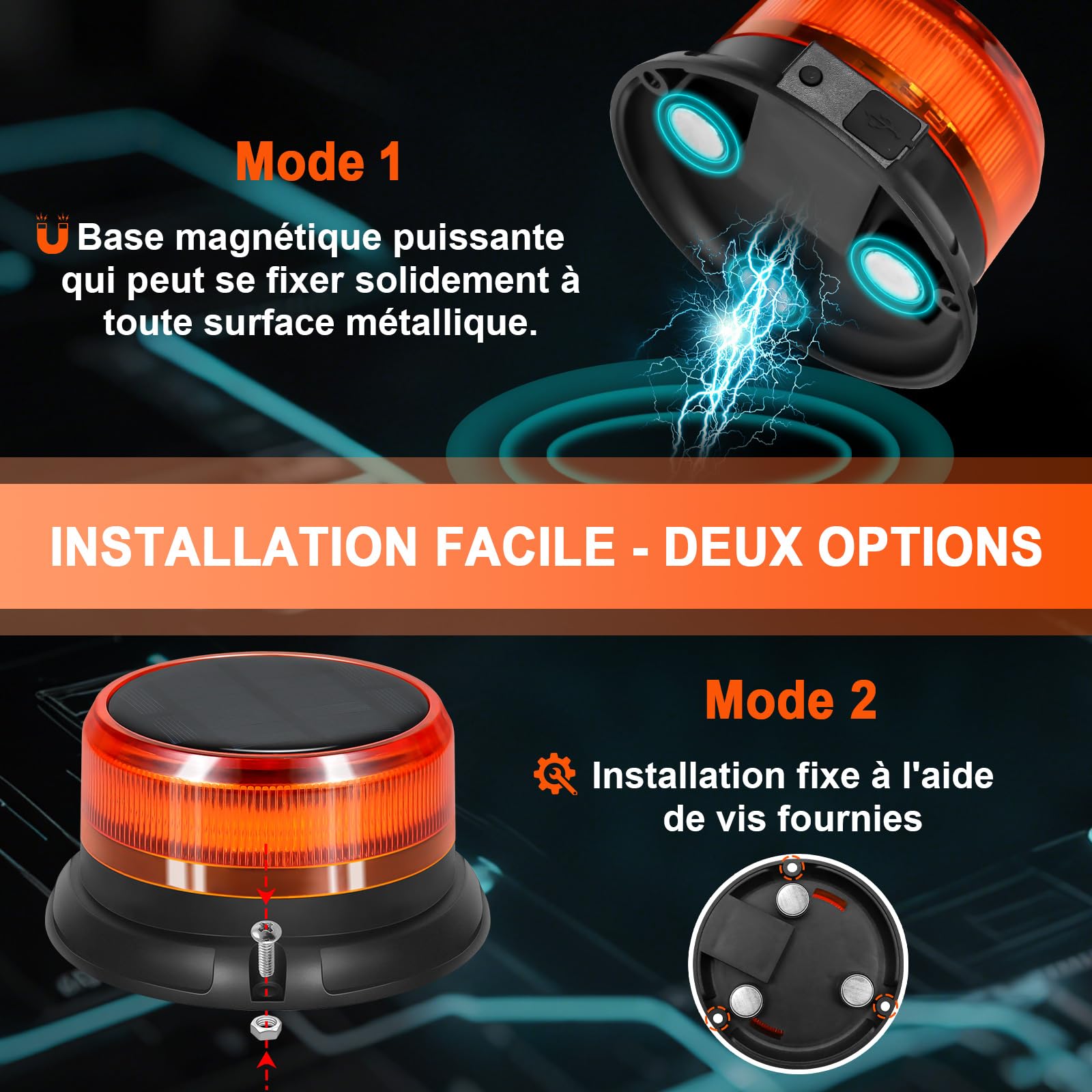 AnTom Gyrophare LED avec batterie solaire 9 modes de clignotement 12V 24V gyrophare orange magnétique avec câble et câble USB pour voiture, camion, tracteur, voiture de golf, véhicules d'urgence