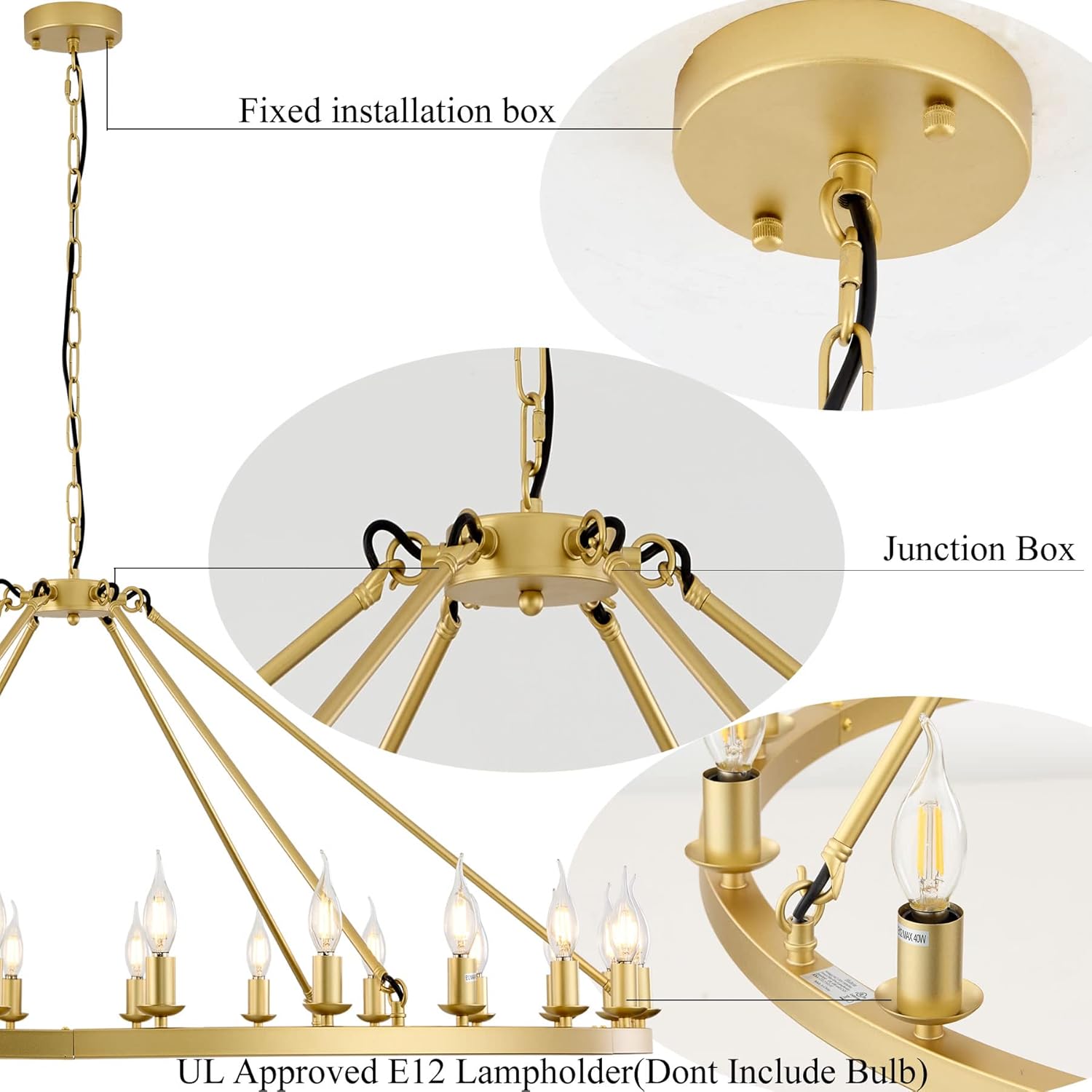 Modern Metal Chromed Chandelier,24-Light 53 inch Luxury Sand Gold Wagon Wheel Chandelier Lighting Fixtures Round E12 Base UL-Listed for Home Staircase Store (Sand Gold, 53" 24-Light)