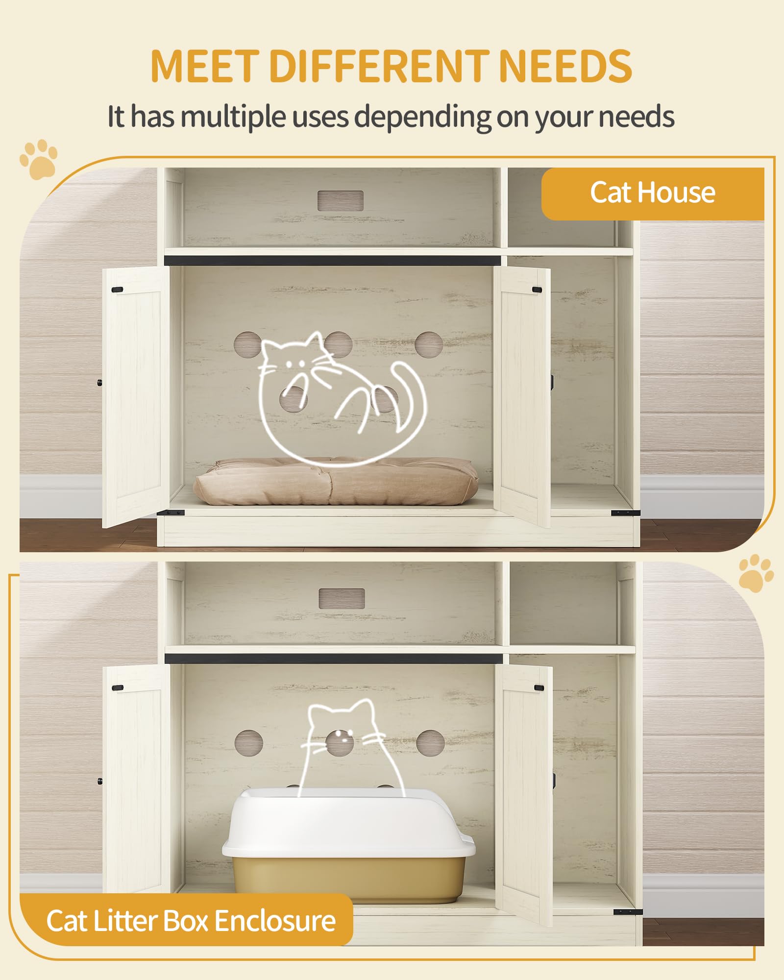 Hzuaneri Cat Litter Box Enclosure, Hidden Litter Box Furniture with Storage, Wooden Cat Cabinet with Scratch Pad, Farmhouse Cats House, TV Stand End Table, Rustic Brown and White CB88614X - image 8