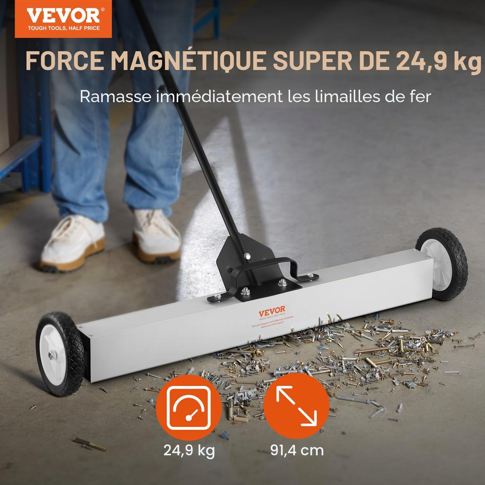 VEVOR Balayeuse Magnétique 24,9 kg Balai Magnétique Télescopique 77-113 cm 745 mm avec Roues