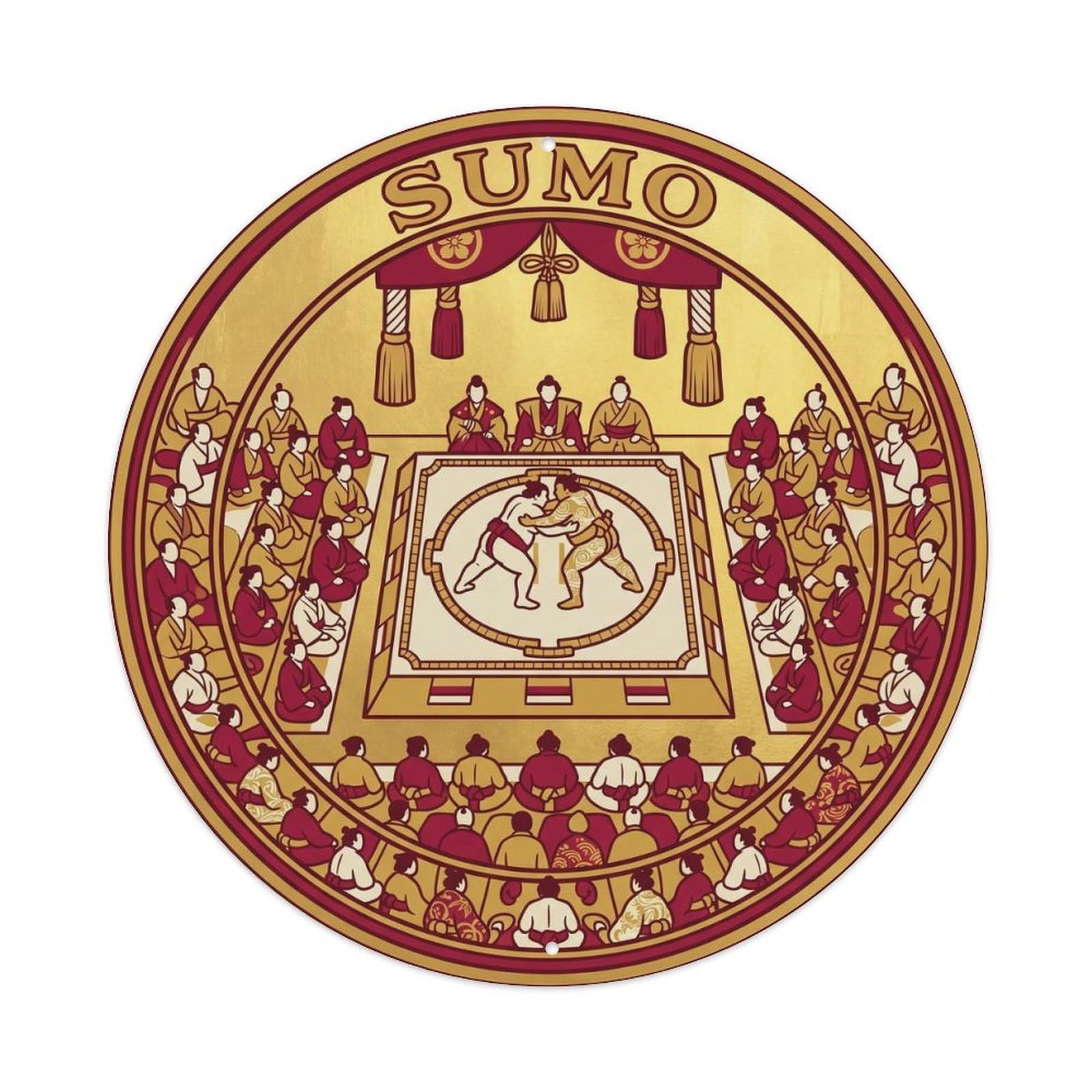 Olyhtr 8X8inch Classic Style Sumo Tournament Arena Crowd Rinpa Gold Crimson Metal Tin Sign