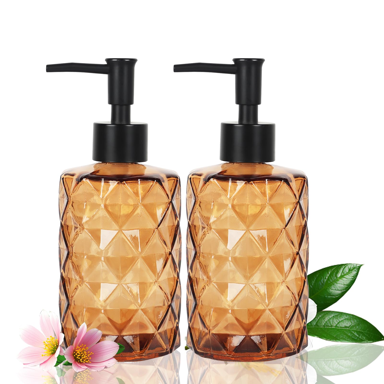 Dispenser di sapone in vetro ambrato, confezione da 2, per bagno, 350 ml, trasparente, per mani e piatti, con pompa, per cucina