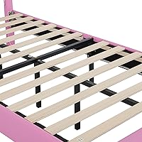 Vista 39 de Elegante cama de princesa tapizada de tamaño individual con cabecera corona, plataforma de piel sintética con soporte resistente de listones