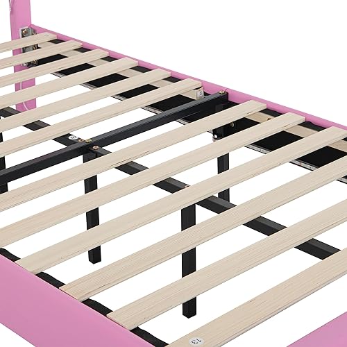 Miniatura 39 de Elegante cama de princesa tapizada de tamaño matrimonial con cabecera corona, plataforma de piel sintética con soporte resistente de listones para