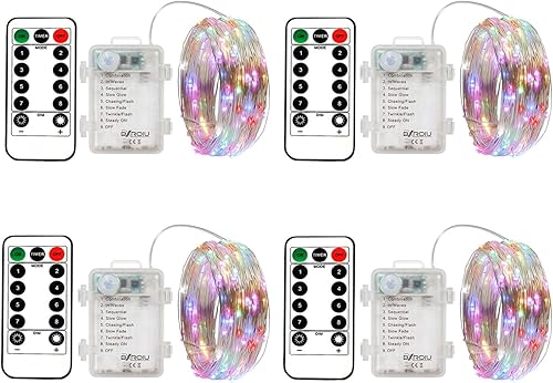 4 luces de hadas que funcionan con pilas, 8 modos de iluminación, 50 LED, 16.4 pies, cadena de luces de alambre plateado, función de temporizador y