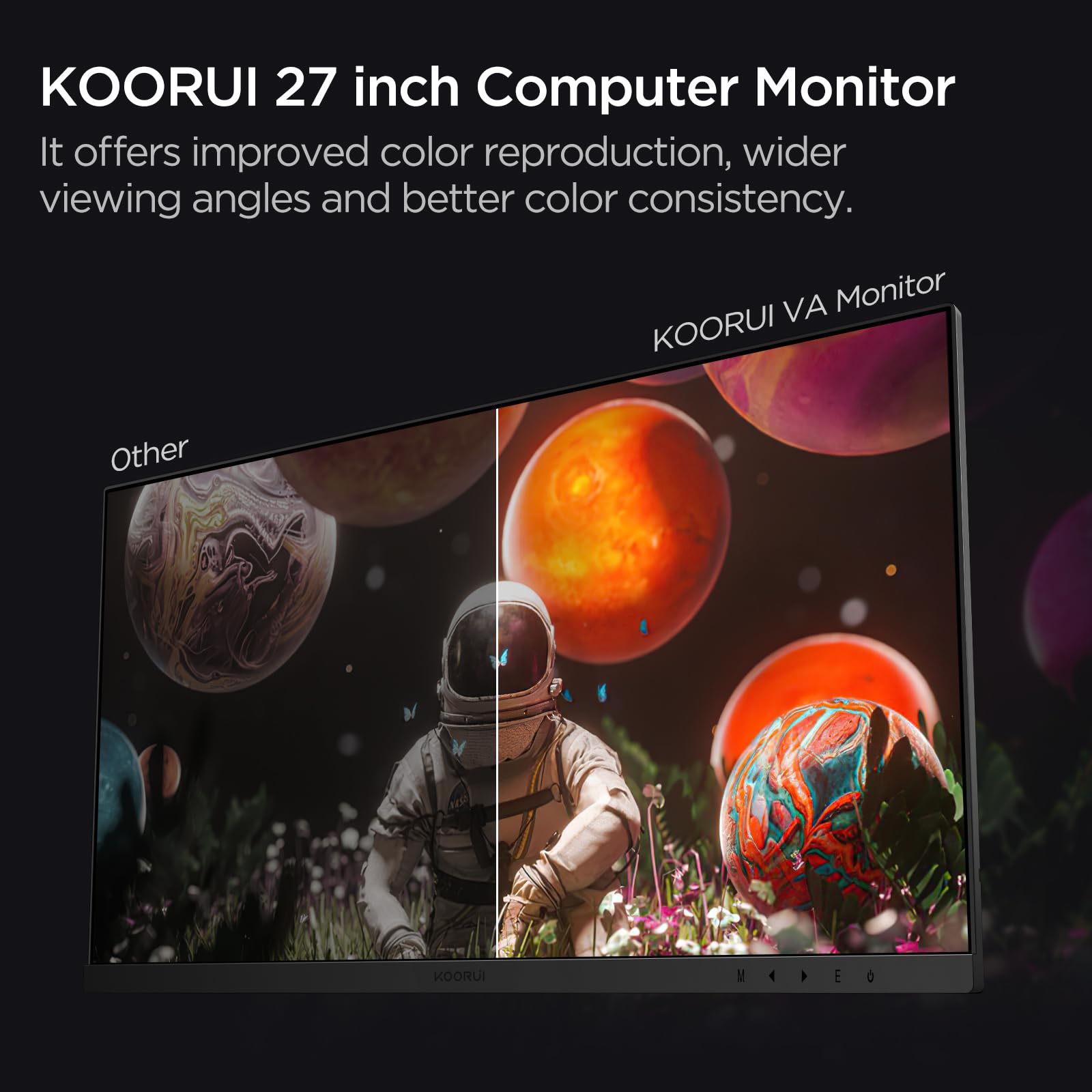 KOORUI Monitor 27-calowy FHD, monitor komputerowy (1080P, 100 Hz, HDMI + VGA, 99% SRGB, reakcja 4 ms, pielęgnacja oczu), praktycznie bez obramowania monitor