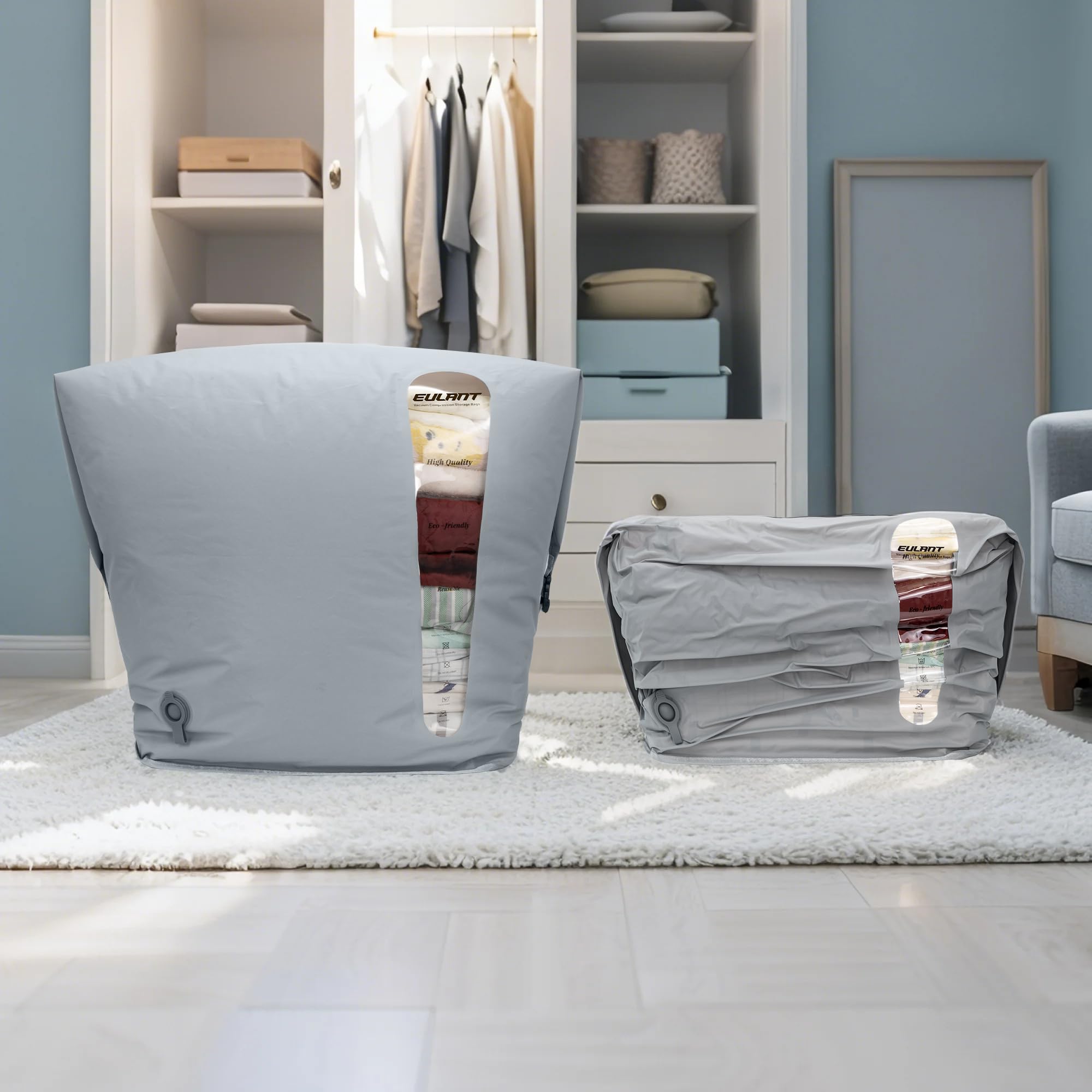 EULANT Große Nylon Vakuumbeutel für Kleidung mit luftdichtem IP67 Reißverschluss,Wasserdicht Vakumkompression Beutel für Bettdecken/Decken/Bettwäsche,Wiederverwendbar & Platzsparer & Trapezförmig