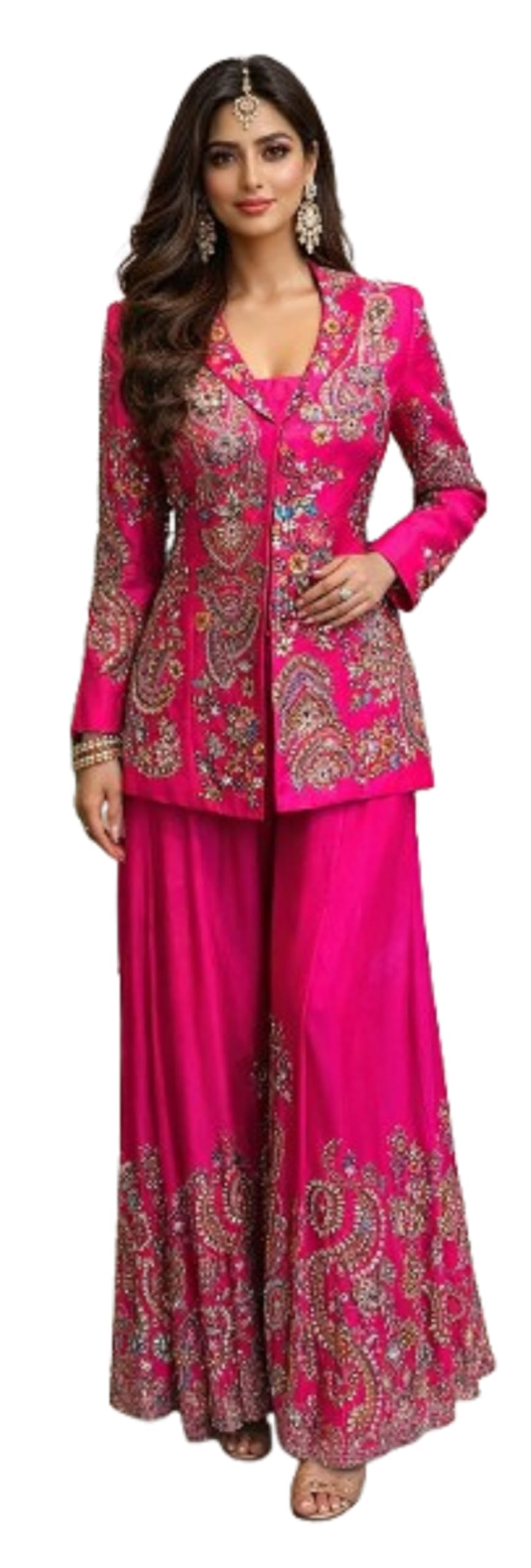 luxe vibe indo-western Crepe & Silk Set with Silk Blouse & Sequined Shrug | Ready-to-Wear 3-Piece Ethnic Outfit for Women jacket with palazzo Embroidery work saree-picture-49