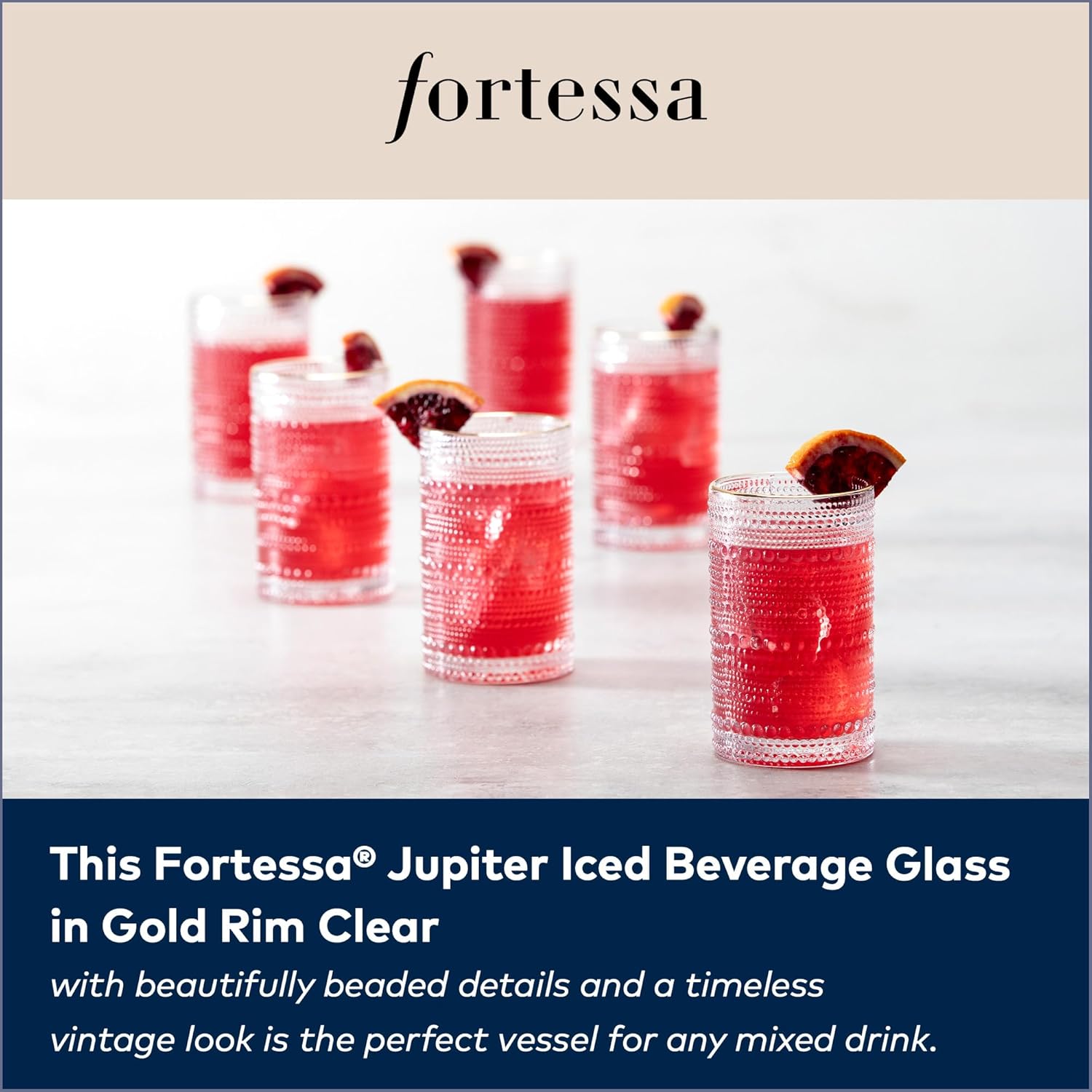 Fortessa Jupiter Beaded Hobnail Glass, 13 Ounce Iced Beverage (Set of 6), Gold Rim Clear
