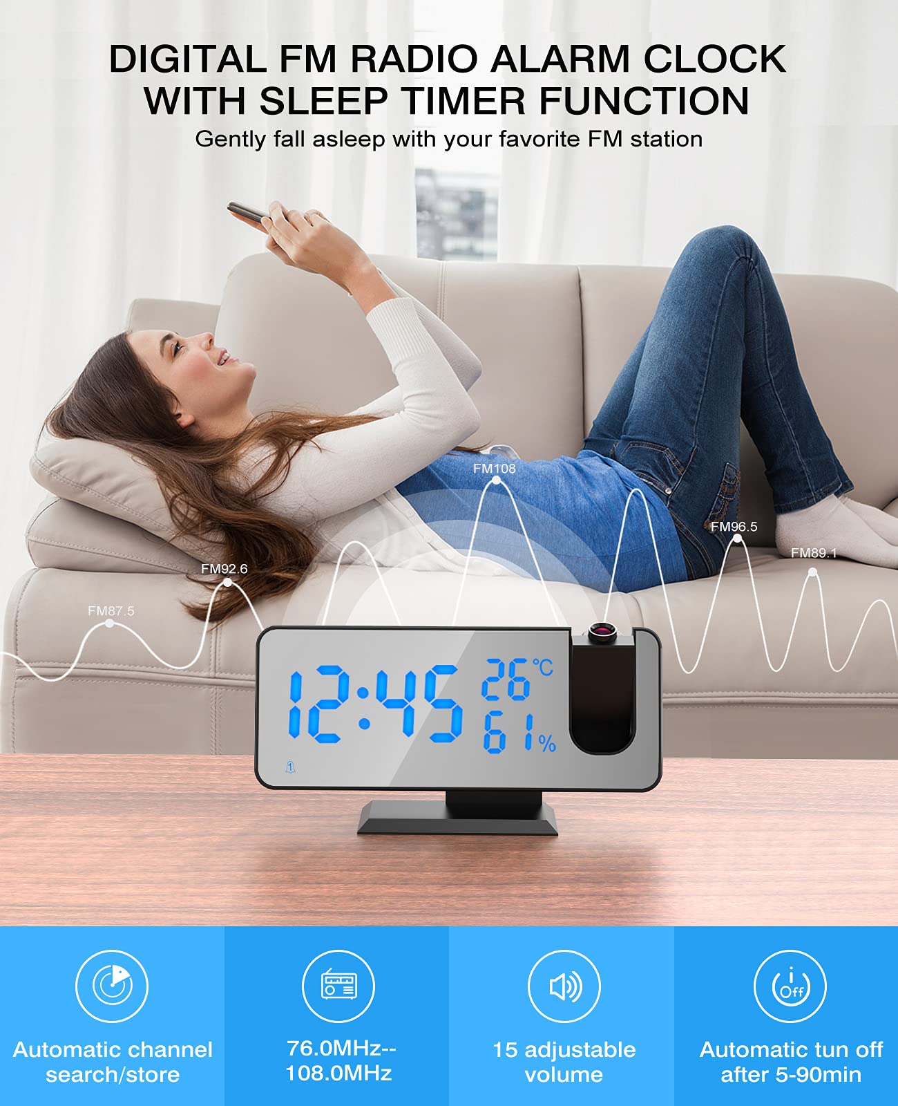 ShinePick Reveil Projecteur Plafond, FM Radio Reveil Projection 180°, Horloge Digitale Numérique avec 7' LED Écran Miroir, Port de USB, Double Alarme, Snooze, 4 Niveaux de Luminosité, 12/24H
