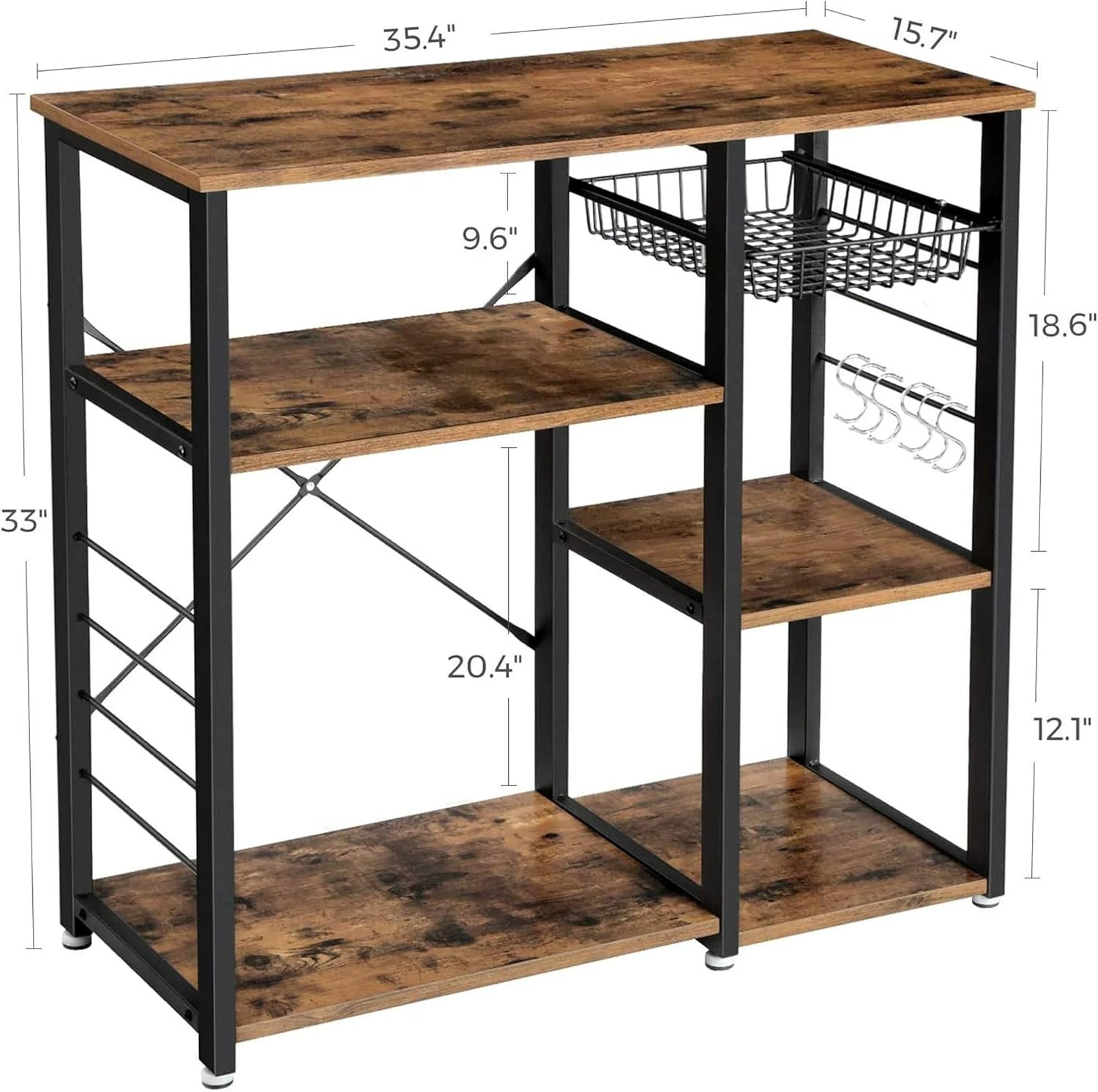 Kitchen Baker's Rack with Microwave Stand, 35.4 Inch, 4 Shelves, Wire Basket, 6 S-Hooks, Rustic Brown and Black, Industrial Style
