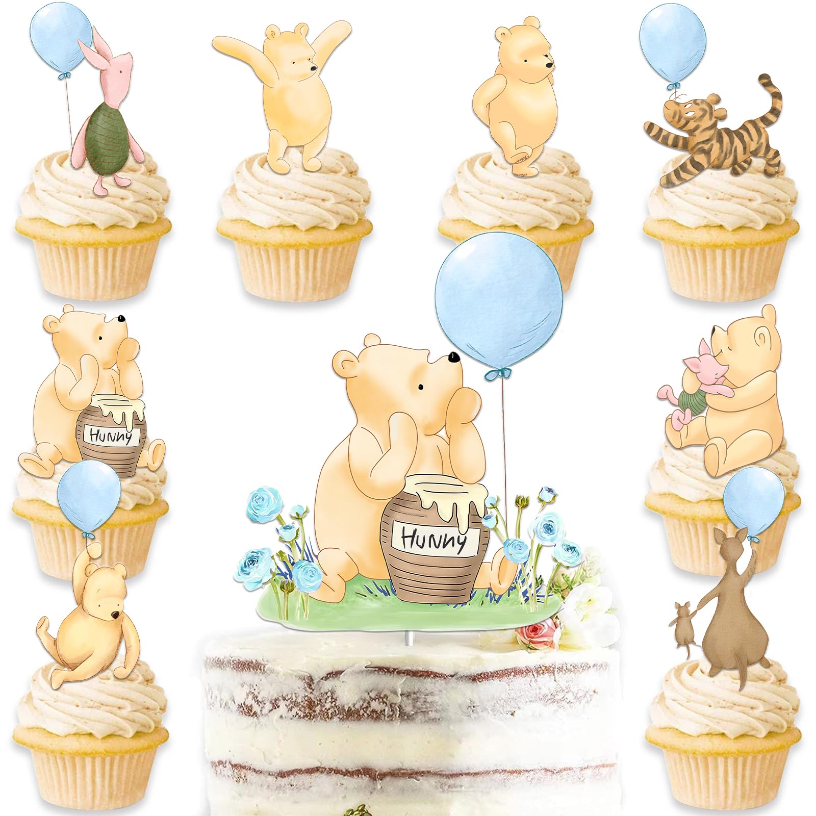 Winnie Cake Topper with Cupcake Toppers for Baby Shower Decorations for Boys Winnie Cake Cupcake Decorations Birthday Party Supplies 25Pcs