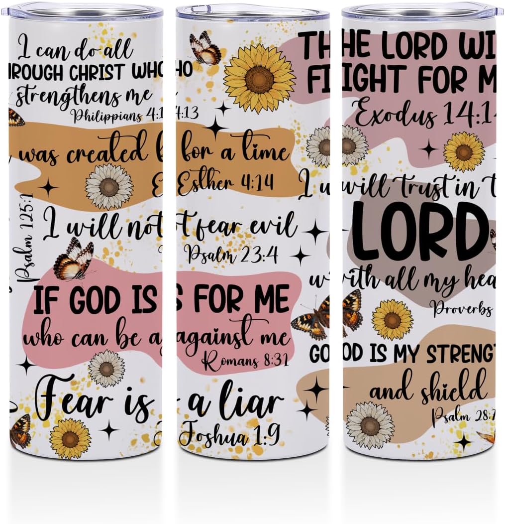Bible Verse Motivational Gifts 20 oz Skinny Tumbler Stainless Steel Slim Insulated Tumblers Straight Water Bottle Coffee Mug Thermal Travel Cup with Lid, Birthday Religious Christian Gifts for Women