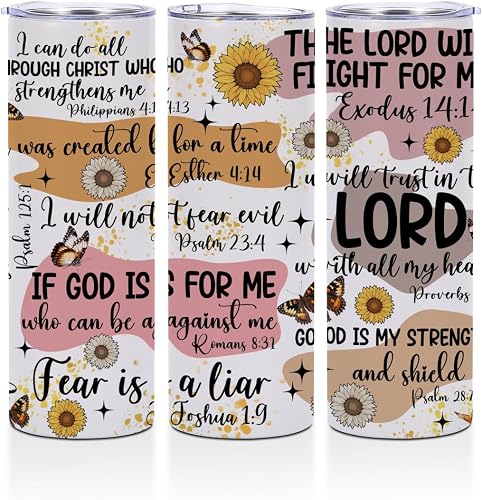 Bible Verse Motivational Gifts 20 oz Skinny Tumbler Stainless Steel Slim Insulated Tumblers Straight Water Bottle Coffee Mug Thermal Travel Cup with Lid, Birthday Religious Christian Gifts for Women