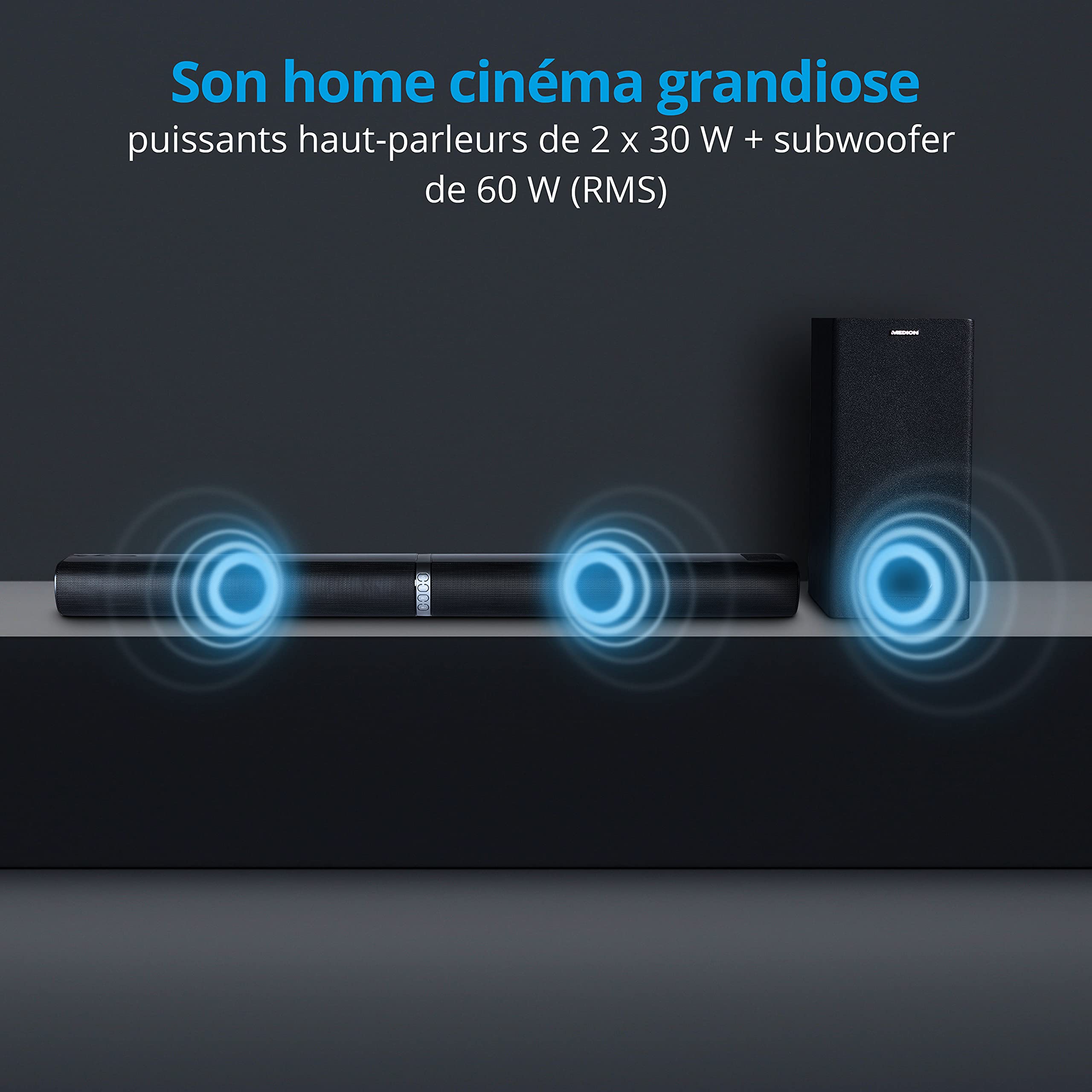 MEDION Life P61220 Barre de Son 2.1 avec Bluetooth et Caisson de Basses, NFC, 2 x 30 Watt, 60 Watt Caisson de Basses, Entrée AUX et Optique