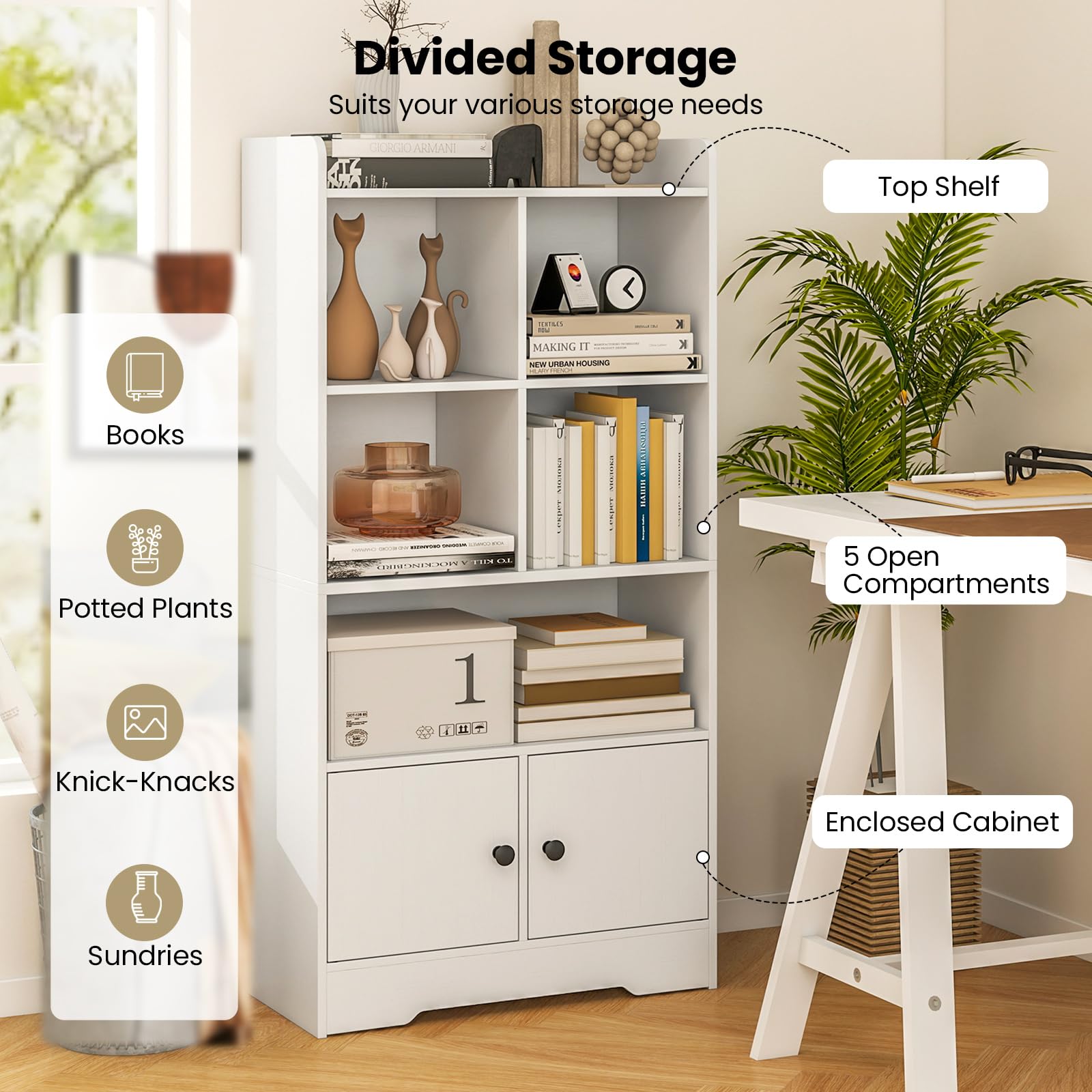 KOMFOTTEU Libreria Scaffale con 5 Scomparti e 2 Armadi, Libreria a Cubi da Terra con Dispositivo Anti-Ribaltamento, Mobile Soggiorno in Legno, da Ufficio, Cameretta, Studio, Bianco, 60 x 29,5 x 120 cm