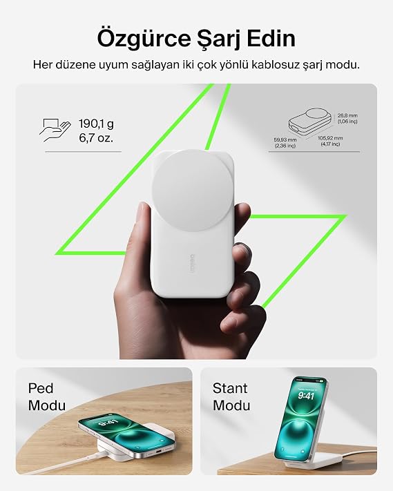 Belkin UltraCharge 3’ü 1 Arada Qi2 Manyetik Kablosuz Şarj 25 W, Beyaz
