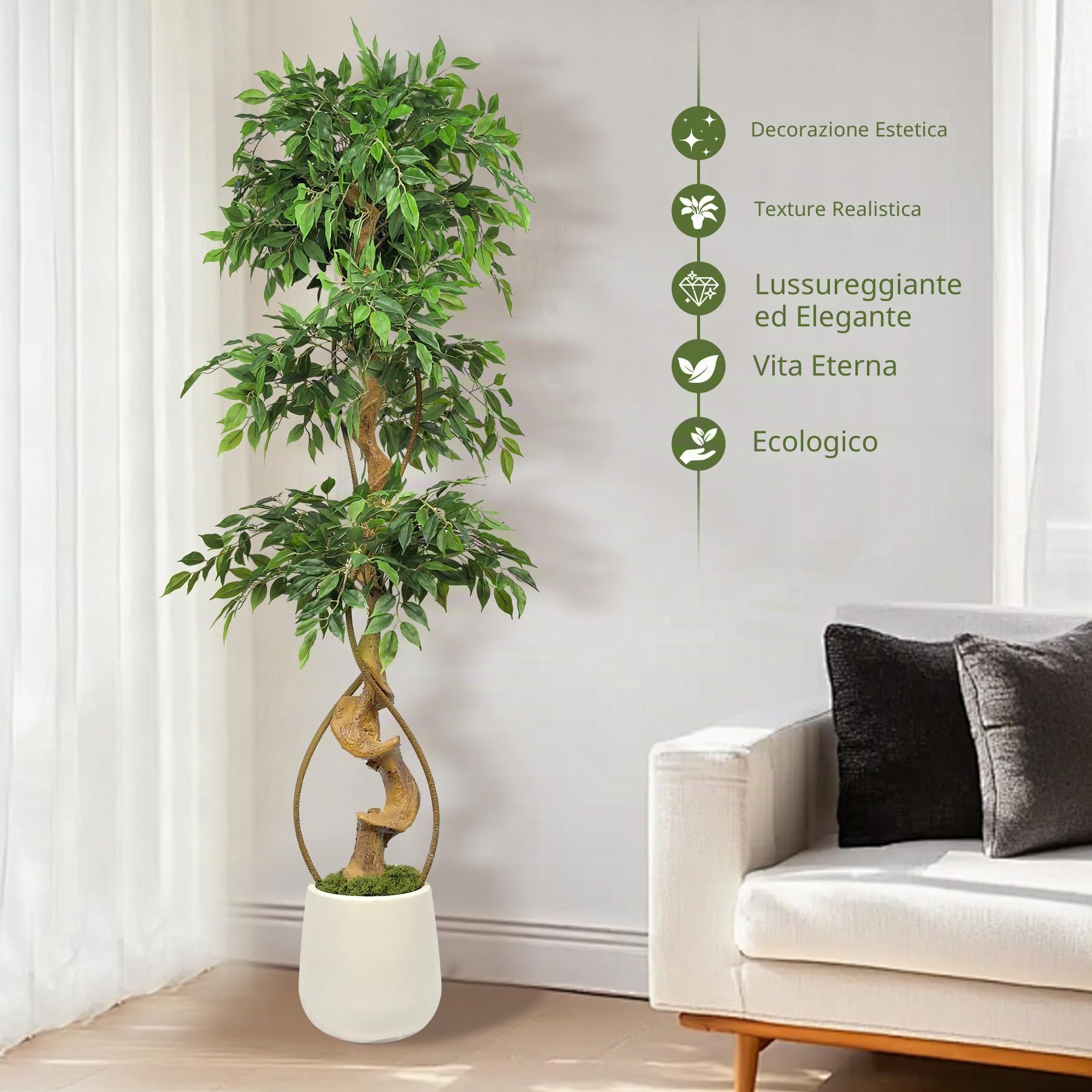 Piante Finte Grandi, Albero di Baniano Pianta Finta Alta da 180 CM, Piante Finte Che Sembrano Vere, Piante Artificiali Adatte per Interno, Esterno, Casa, Ufficio, Giardino, Decorazione