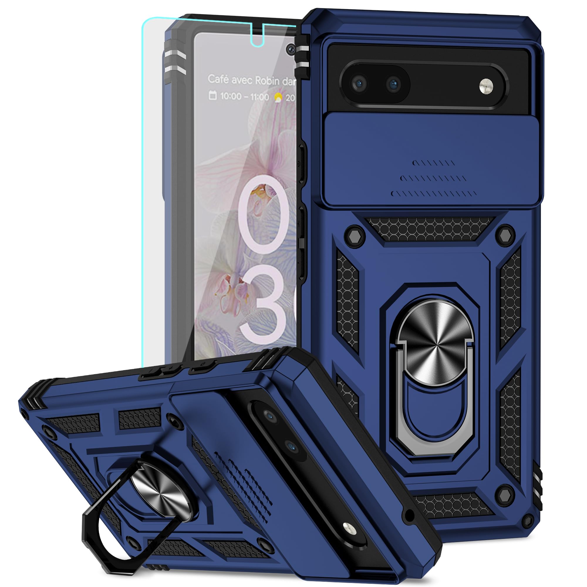 for pixel 6a case,with screen protectors and camera cover,[military grade] 16ft.drop tested cover with magnetic kickstand protective case for google pixel 6a, blue