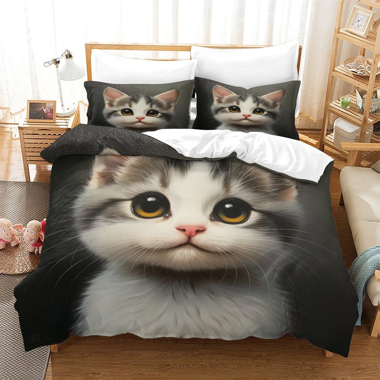 P1S9U7W5Y Adorable Pet 3D Printed Cat Duvet Cover Set 3pcs Microfiber Cat Bedding Set King