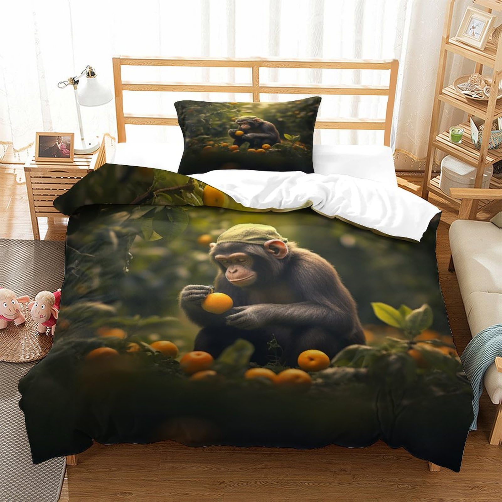 P1S9U7W5Y Nature Motif 3D Printed Monkey Duvet Cover Set 3 Pieces Microfiber Bedroom Decor Animal Design Bedding Set for Adults Teens Single（135x200cm）