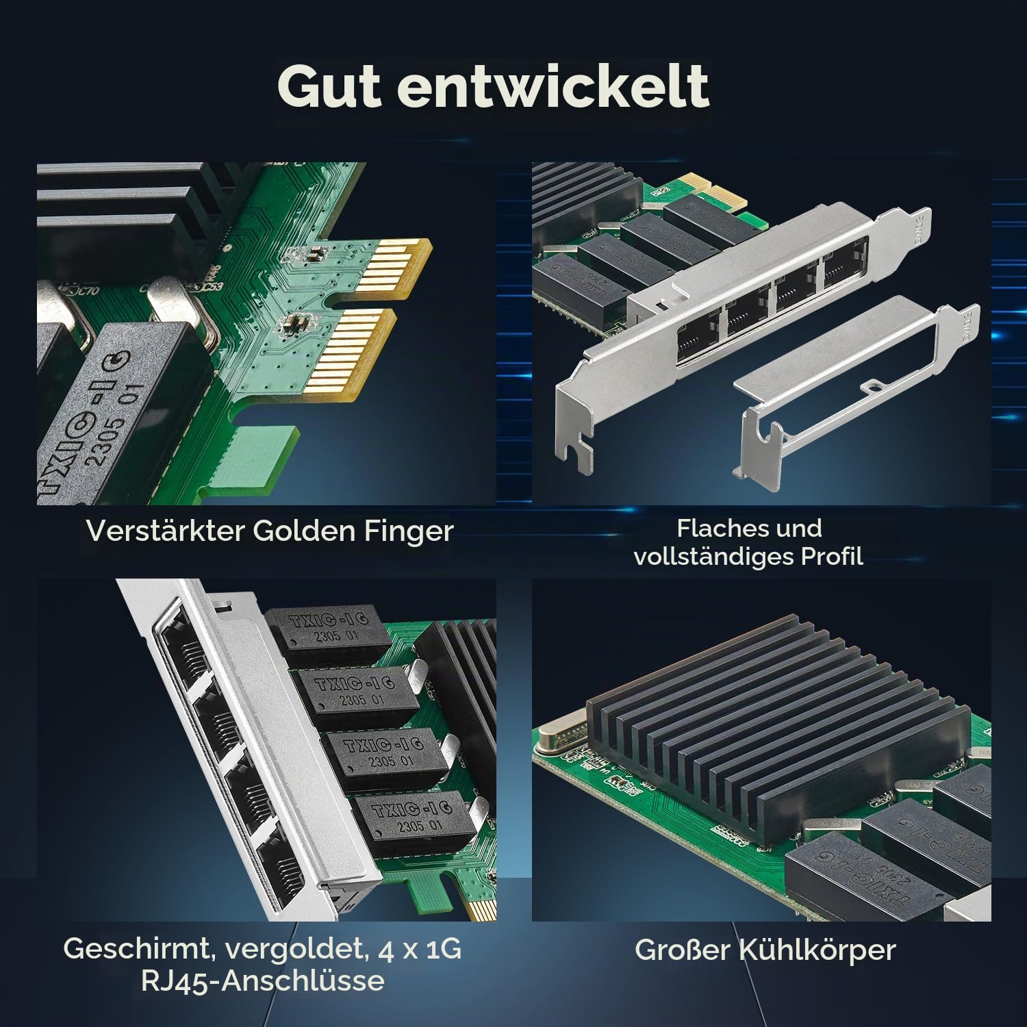 Binardat 4 Port Gigabit PCIe Netzwerk Adapter, Realtek RT8111H Controller 1000/100Mbps Ethernet LAN NIC Karte für Windows/Linux/Mac