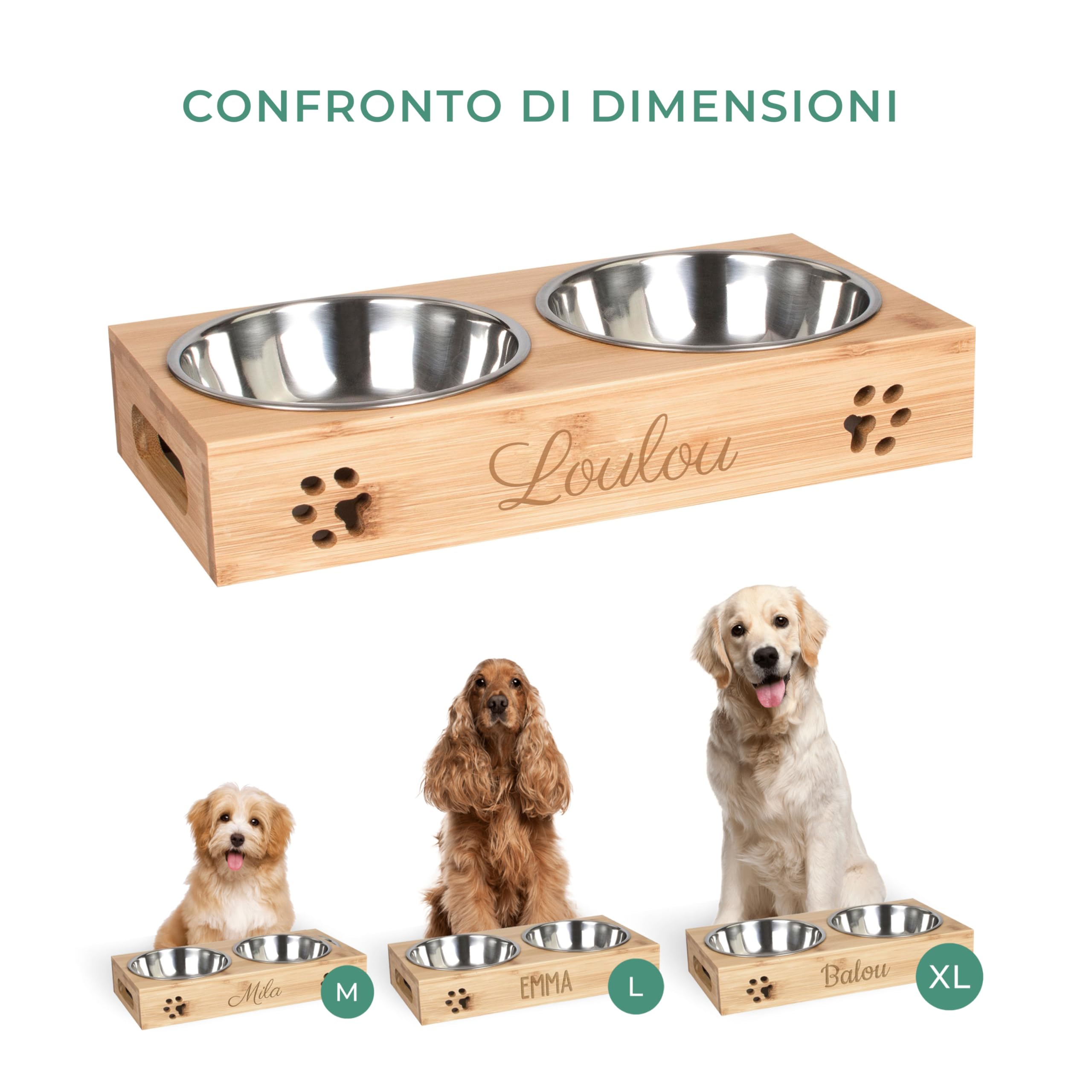 LAUBLUST Stazione di alimentazione con nome personalizzato per cani - Naturale | 49x26x7cm, rialzata - Ciotola per cibo e acqua per gatti | 2 ciotole in acciaio inox x 1,4L | Ciotola per gatti incisa