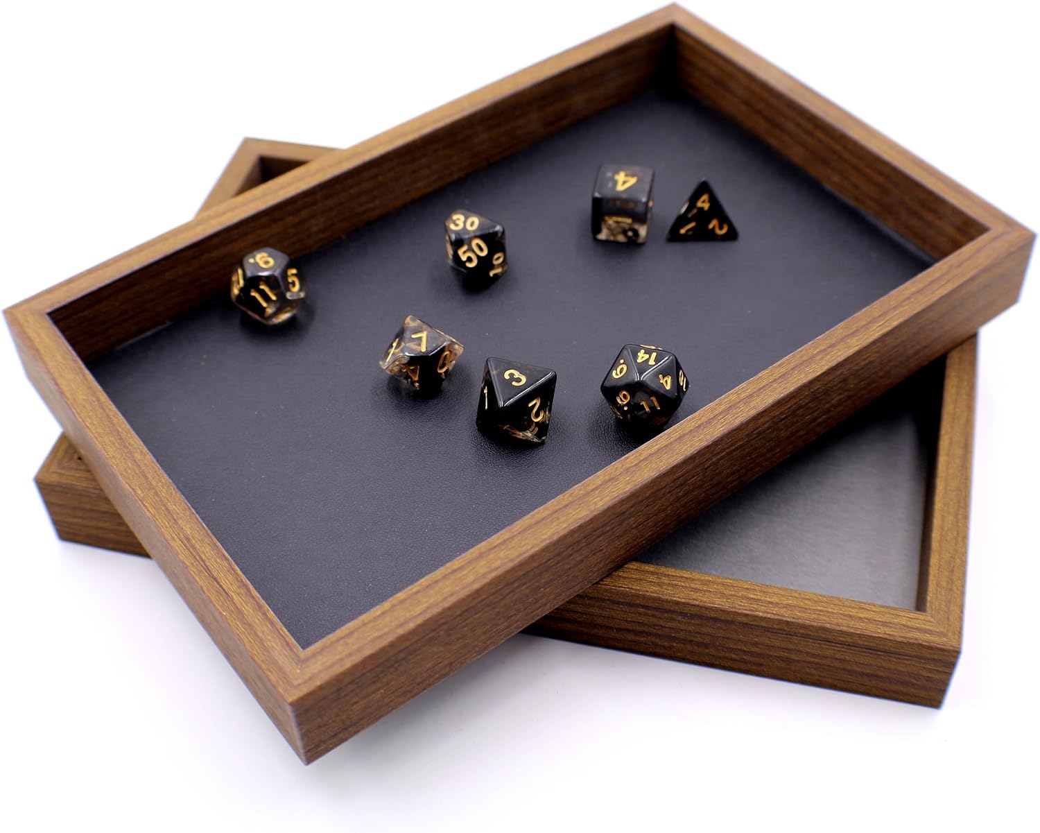 Wooden Dice Tray with Premium Walnut Frame and Matching D&D Dice Set - Tabletop Gaming Accessory (Black)