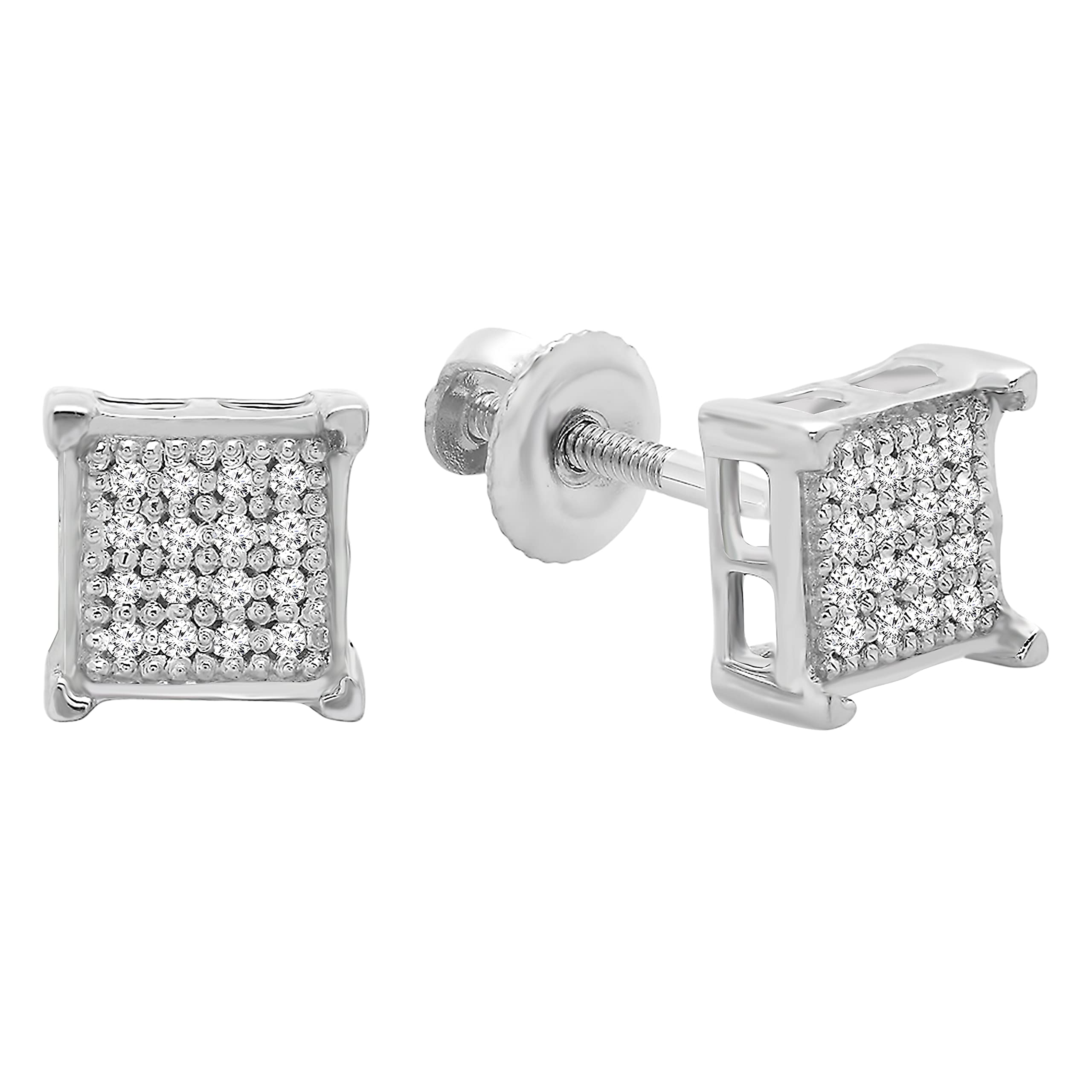 Dazzlingrock Collection0.06 Carat (ctw) White Diamond V Prong Square Mens Hip Hop Iced Stud Earrings, Sterling Silver