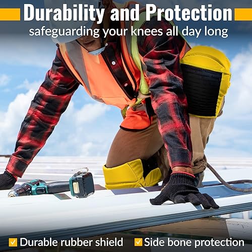 Miniatura 3 de Paclord Rodilleras PRO Roofing Style con 3 niveles de protección, amarillas, 1 par, protector de goma de soporte plano y cierres ajustables