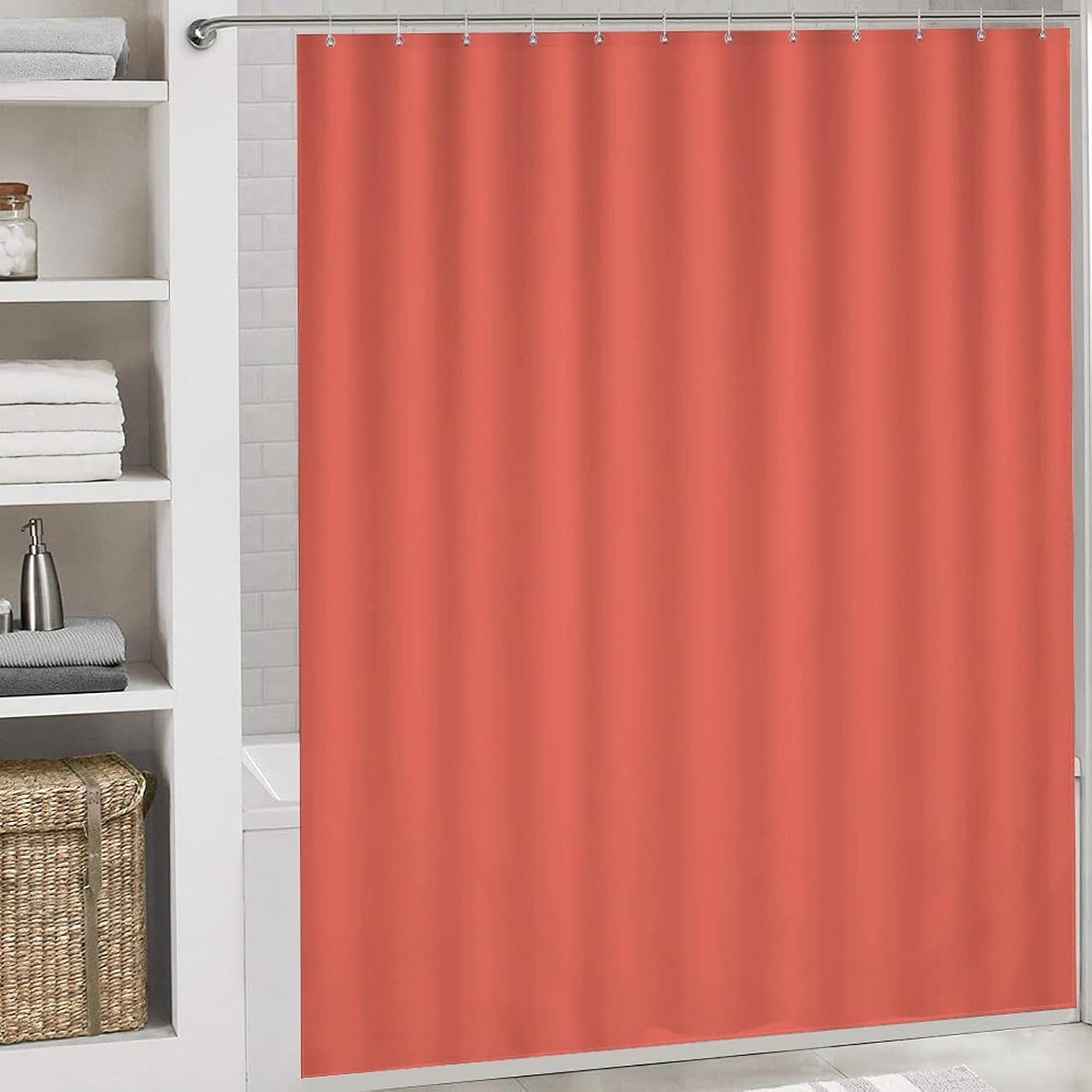 4 Pieces Shower Curtain Sets, Solid Bright Coral Bathroom Sets with Shower Curtain & Rugs, Bathroom Decor Rug Toilet Lid Cover & Non-Slip U Shape Mat