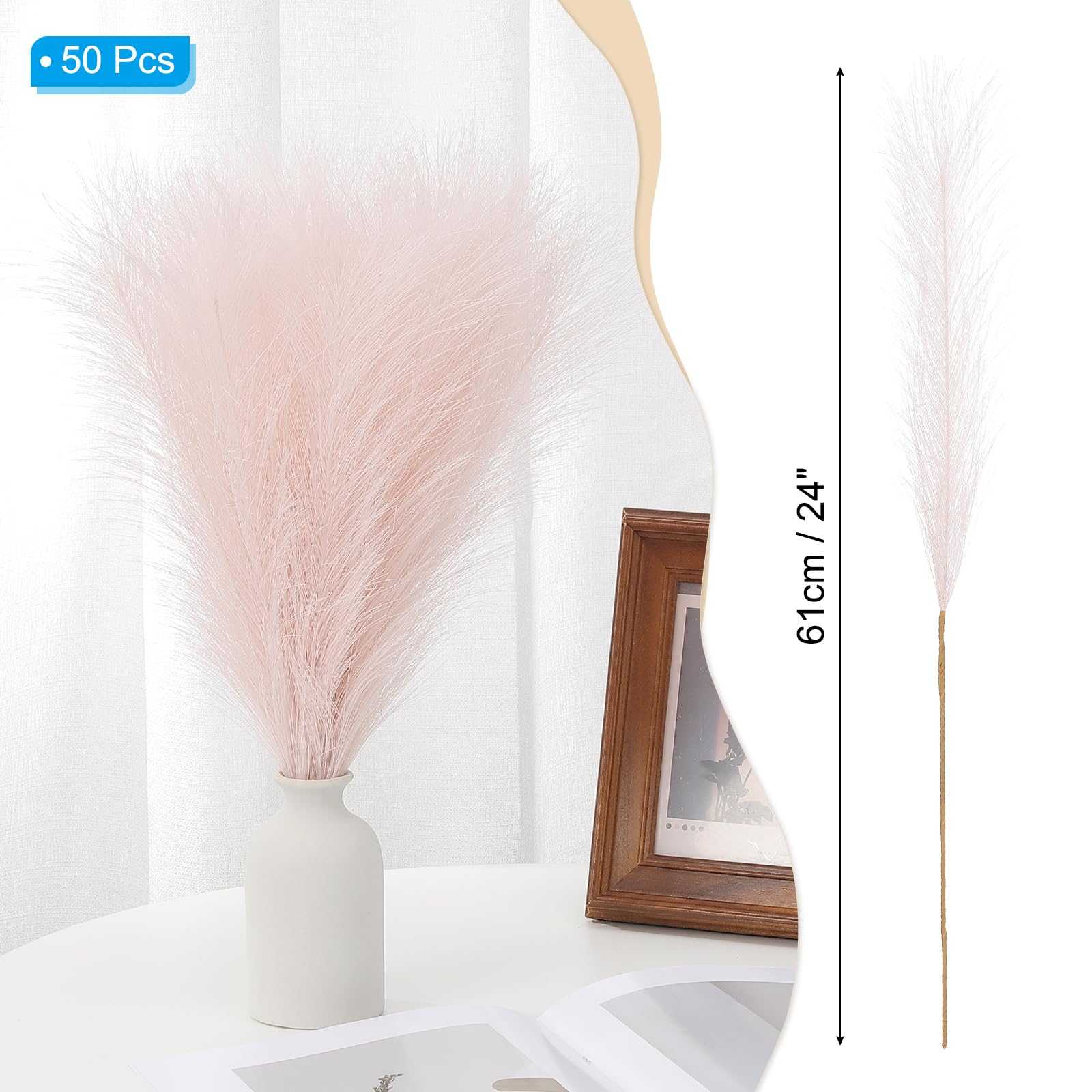PATIKIL 24in Pampas Decor, 50pcs Artificial Pampas Bulk Fluffy Faux Grass Small Dried for Home Boho Decor Vase Wedding Wall Ground Pink - Image 2