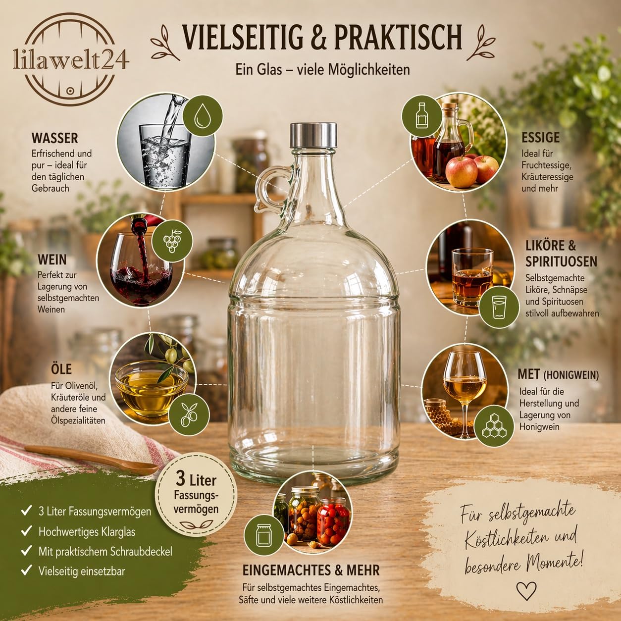 lilawelt24 6x 3L Glasflasche mit Rundgriff und Schraubverschluss für Saft, Likör, Wein, Öl, Essig und Met, dekorative Henkelflasche aus Klarglas 3000 ml (6x 3L Flasche)