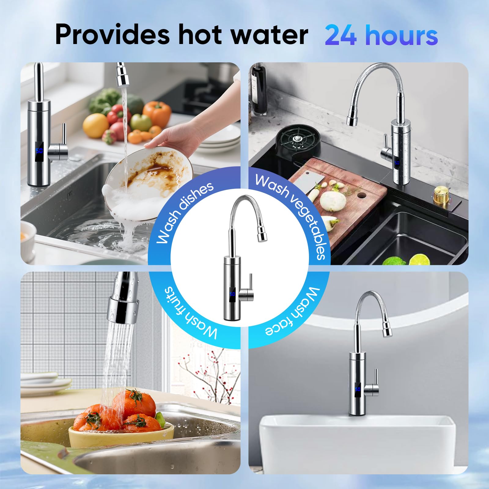 Wasserhahn mit Durchlauferhitzer, 360° Wasserhahn, 3000 W Durchlauferhitzer, Edelstahl-Wasserhahn mit LCD-Temperaturanzeige für Küche, Garten und Wohnwagen (A)