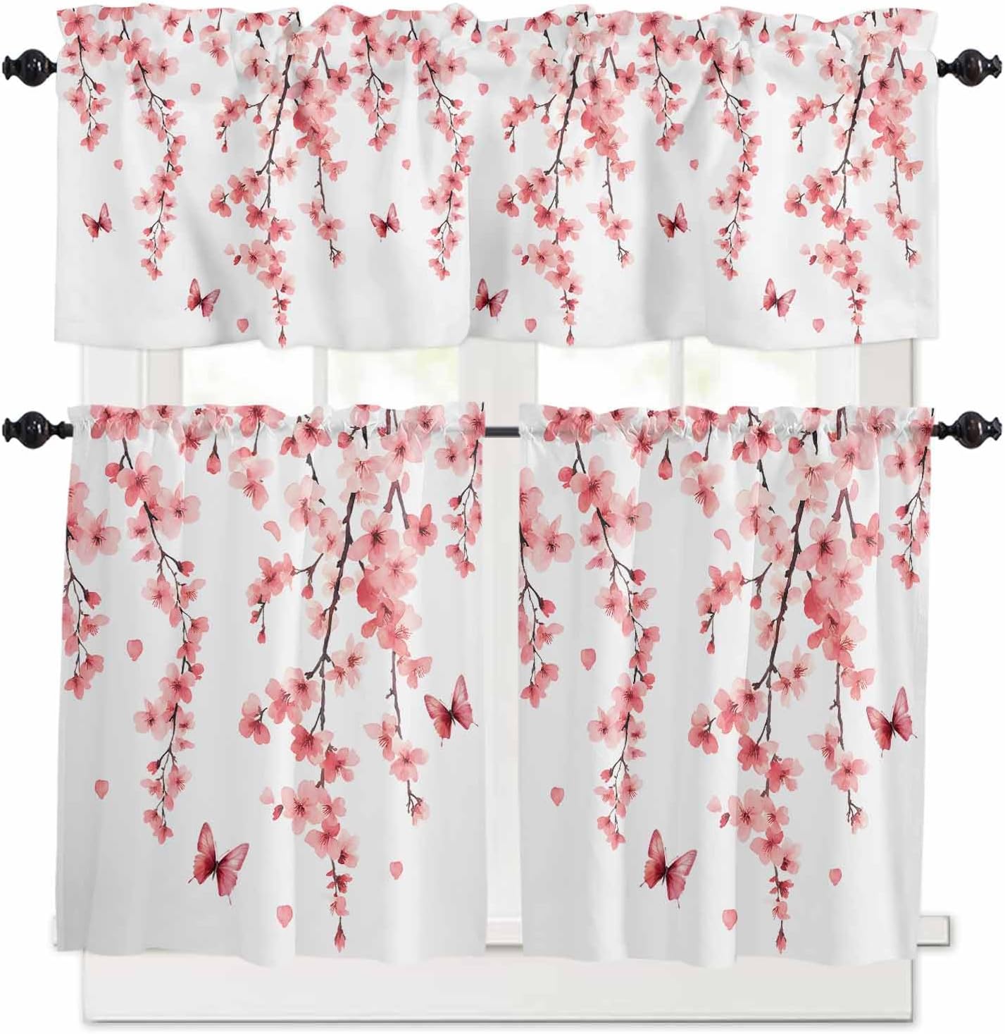 Cherry Blossoms Kitchen Curtains 24 Inch Length, 3 Piece Rod Pocket Small Half Tiers and Valance Set, Spring Botanical Flowers Watercolor Small Large Window Treatment Decor for Bedroom/Bathroom Sink