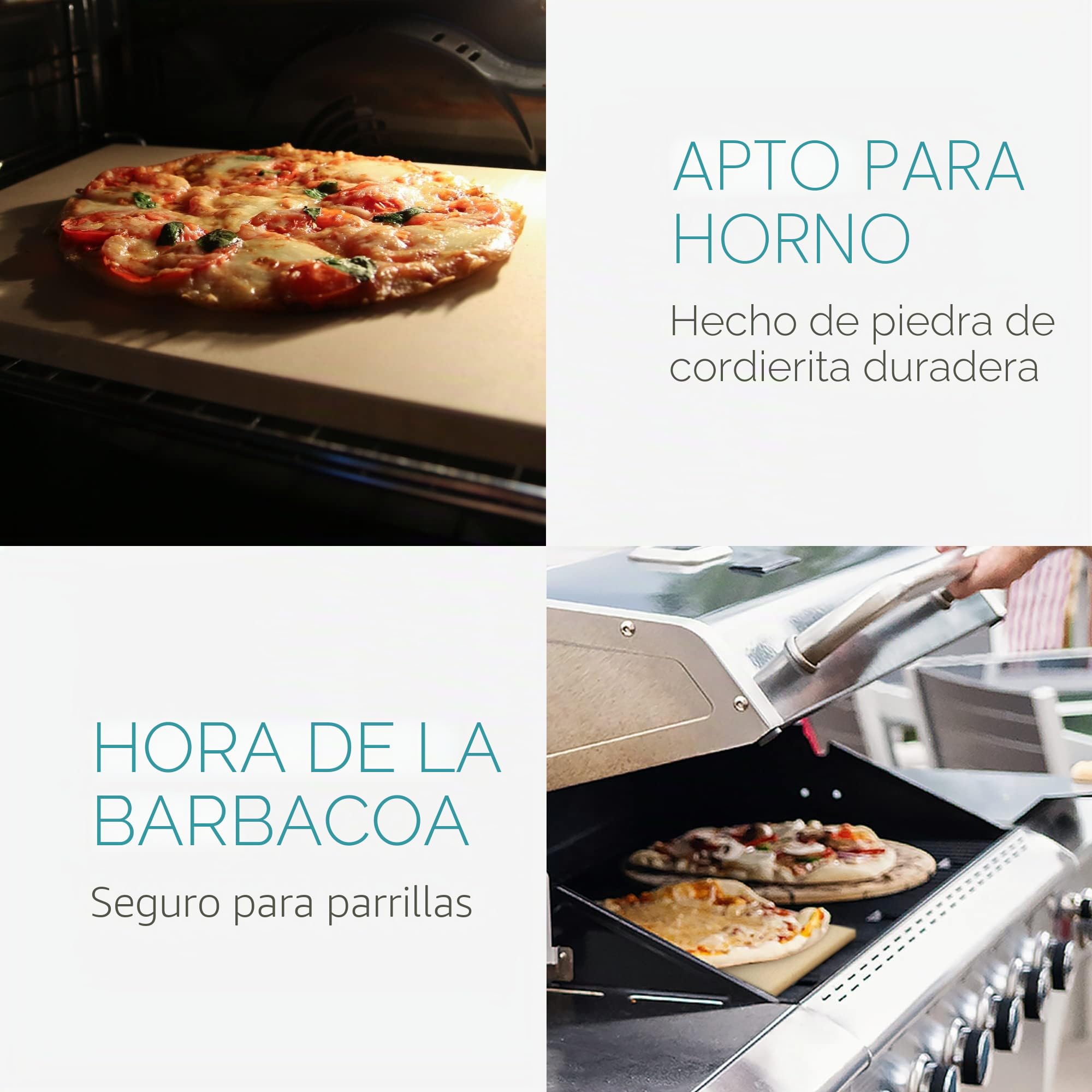 Navaris Piedra para Pizza con Pala de Bambú - Stone para Horno y Barbacoa - Cordierita 38 x 30 cm
