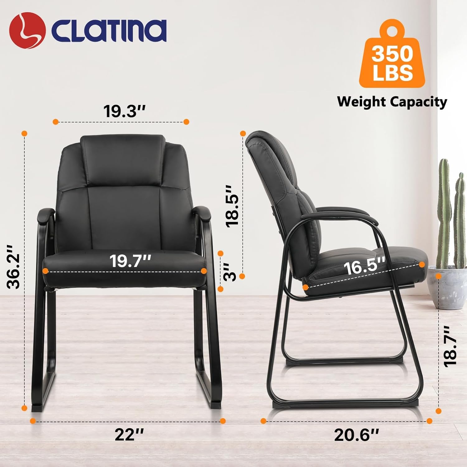 CLATINA Waiting Reception Chair No Wheels Sets of 2, Leather Guest Chair with Padded Armrests, Modern Office Desk Chairs with Sled Base for Office Meeting Conference Room Lobby Home Living Room, Black