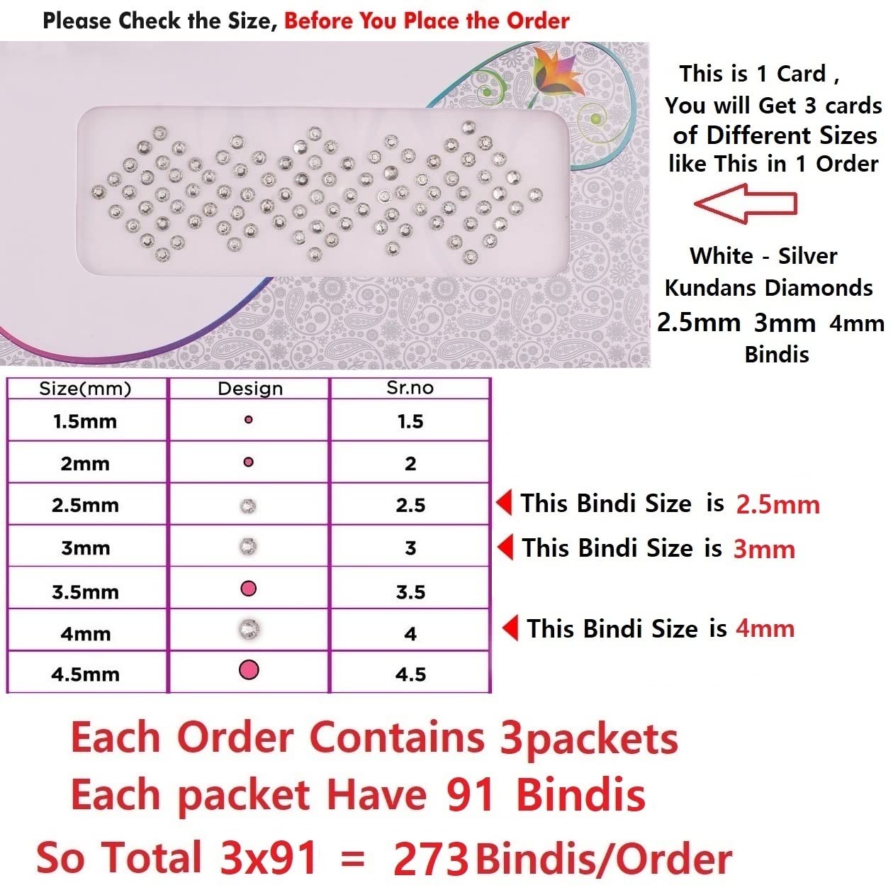 Vama Fashions Round Bindis White Crystal Stone kumkum sticker Diamond Cut Kundan Silver bindiya Set For Women (Pack of 3 Sheets Mix Sizes), Medium