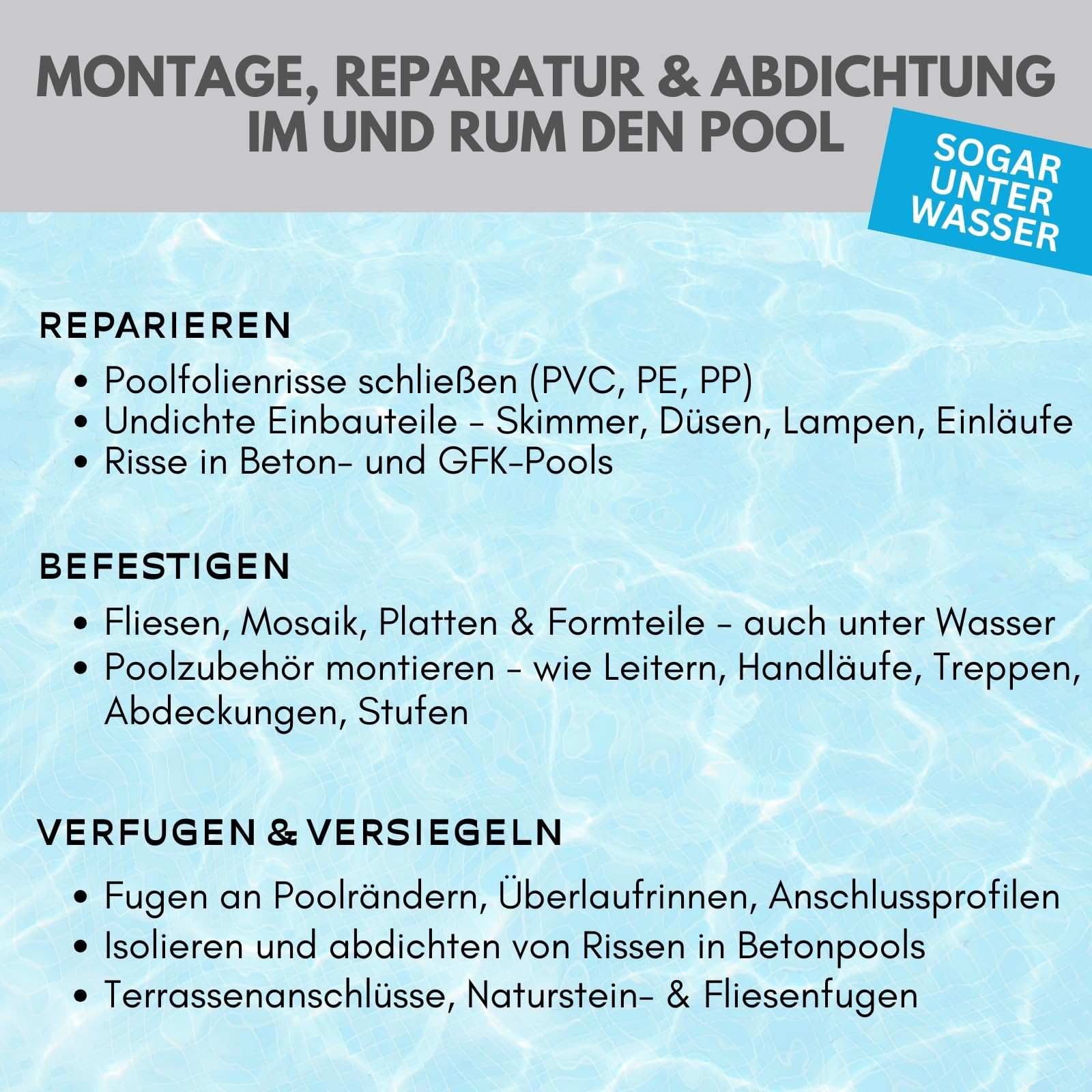 POD24 Poolfix Poolfix - Adhesivo de montaje para piscinas, polímero para pegar y sellar, se puede utilizar bajo el agua, resistente a los rayos UV, permanece permanentemente elástico, 290 ml