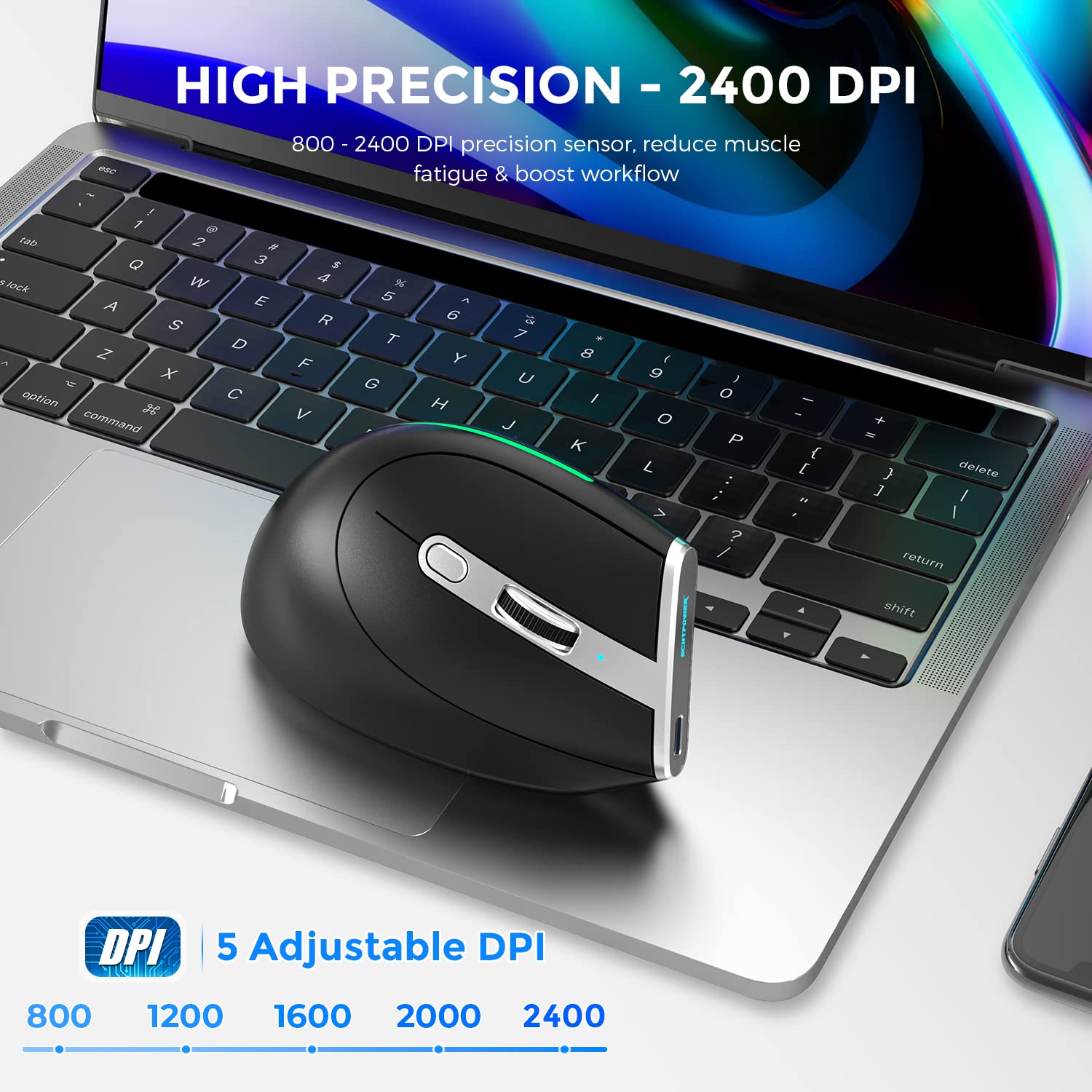 ECHTPower Mouse Verticale Wireless di 3 Modalità (Bluetooth 5.0/3.0+2.4G con Ricevitore),2400 DPI Regolabile, Led RGB, 7 Tasti programmabili per Laptop, MacBook, PC, Windows, Android